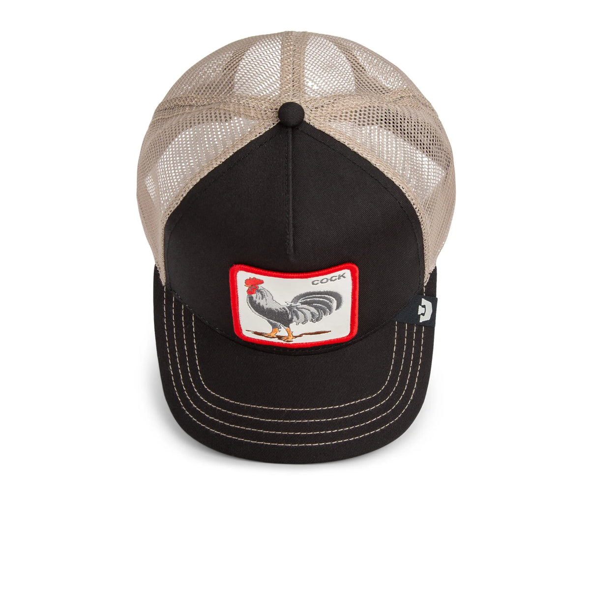 Goorin Bros lippis Rooster Trucker Black, musta, jossa musta edessä oleva kangasosio ja vaaleanruskea verkkomainen takaosa, etureunassa värikäs kukkoaiheinen merkki.