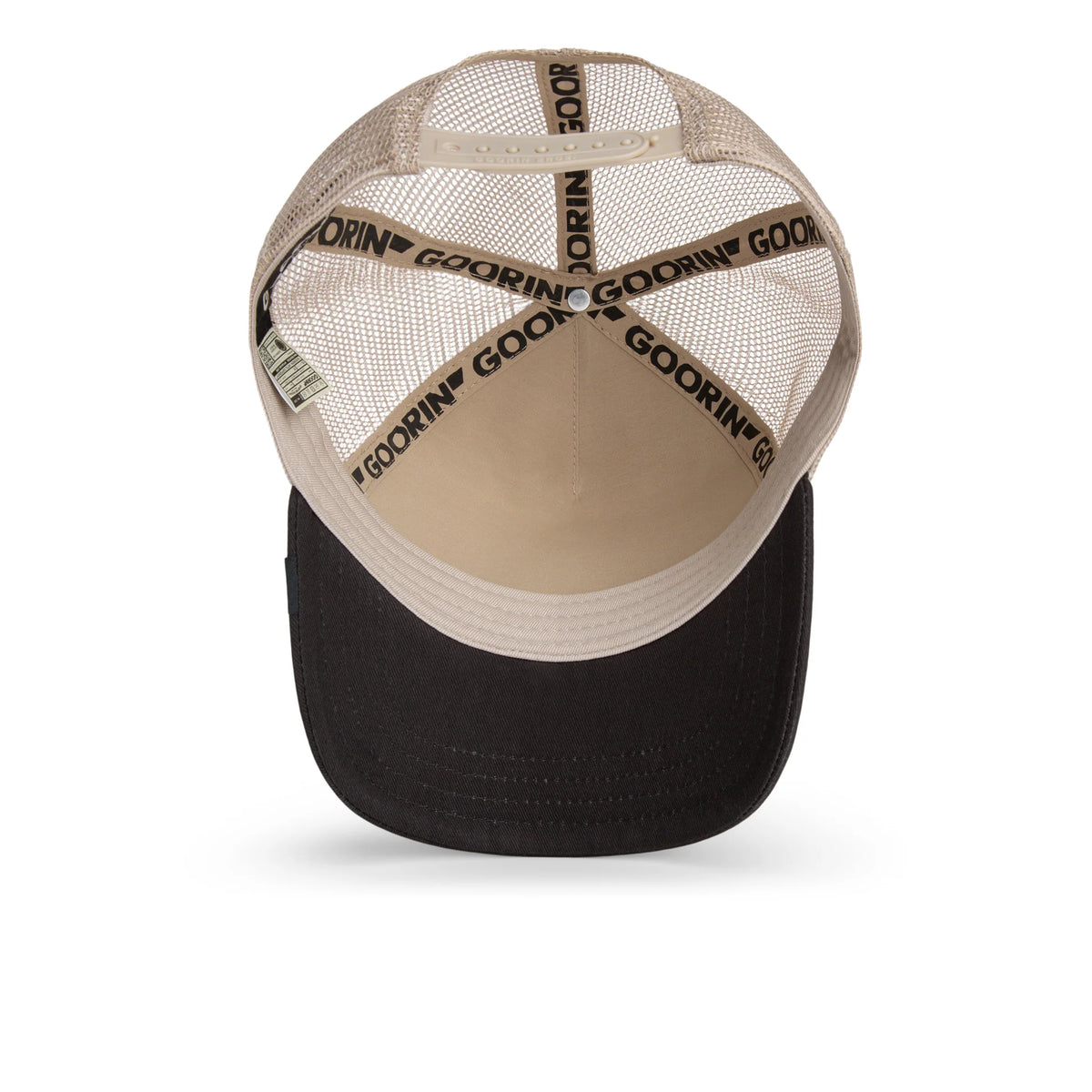 Goorin Bros lippis Rooster Trucker Black, musta, jossa musta etukappale ja lippa, beige verkkopaneelit, säädettävä takakiinnitys sekä merkityt ompelut ja logonauhat sisäpuolella.