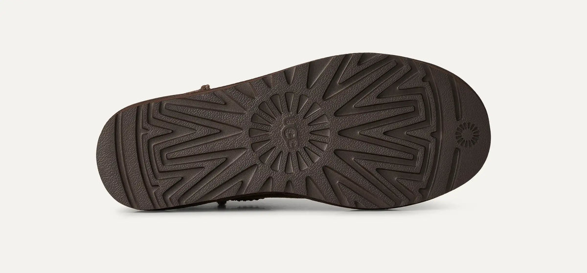 UGG naisten kengät Classic Ultra Mini, tummanruskea, alapuolelta näkyvä tummanruskea pohja ja säteittäinen kuvioitu kulutuspinta