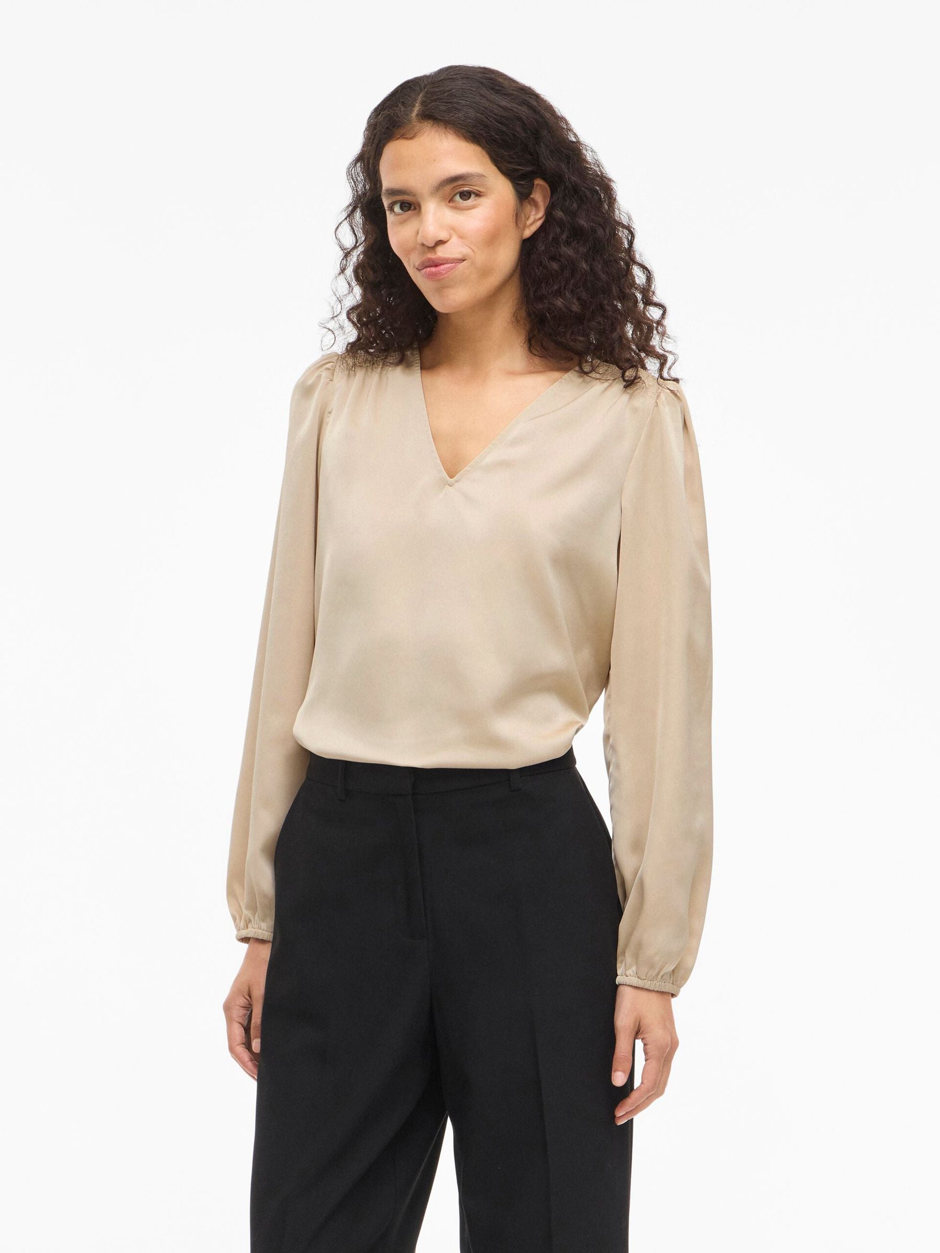 Vila naisten pusero Vielette L/S Smock Satin Top, Cement