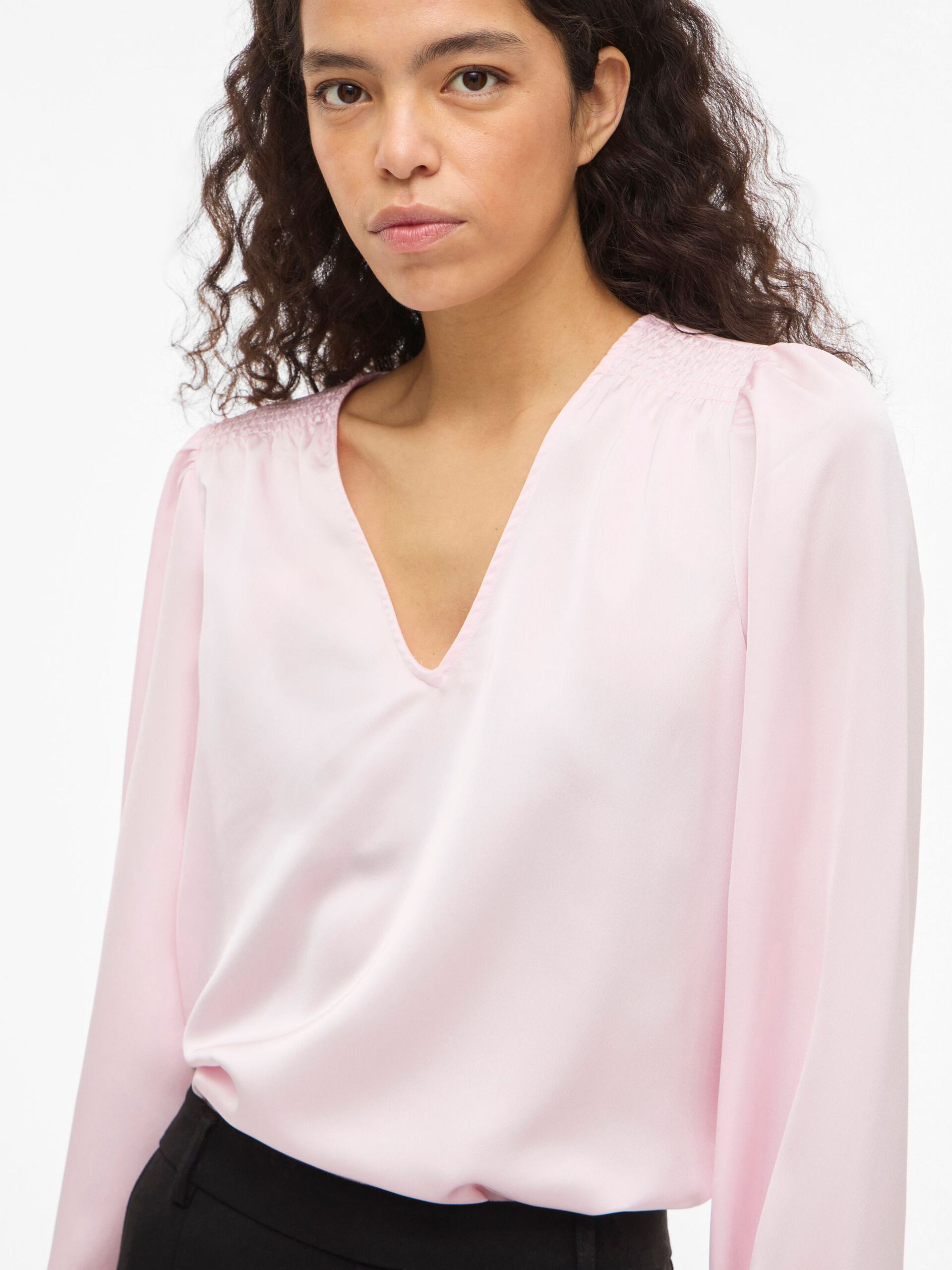 Vila naisten pusero Vielette L/S Smock Satin Top, Cherry Blossom