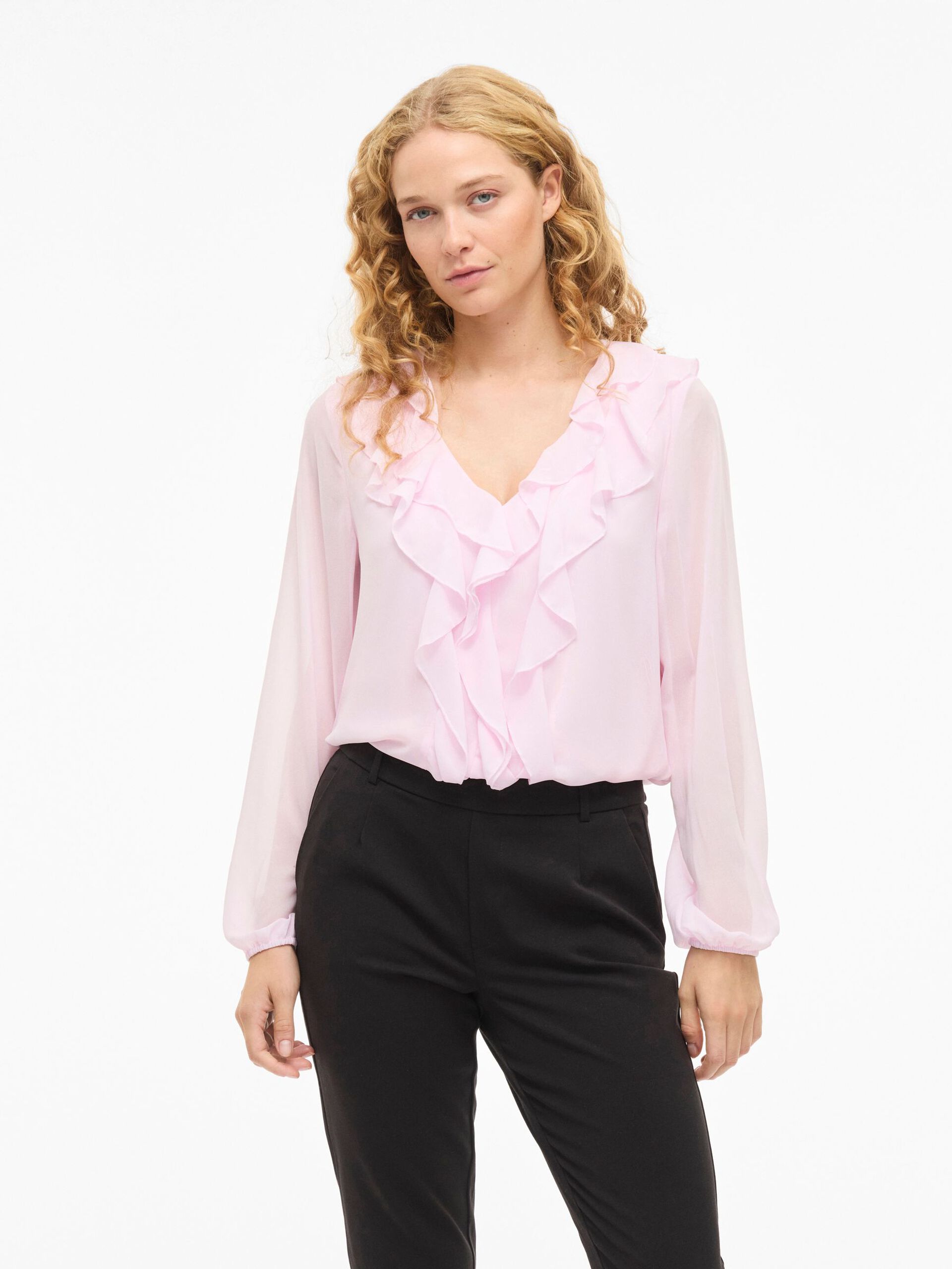 Vila naisten pusero Viane L/S V-Neck Frill Top, Cherry Blossom