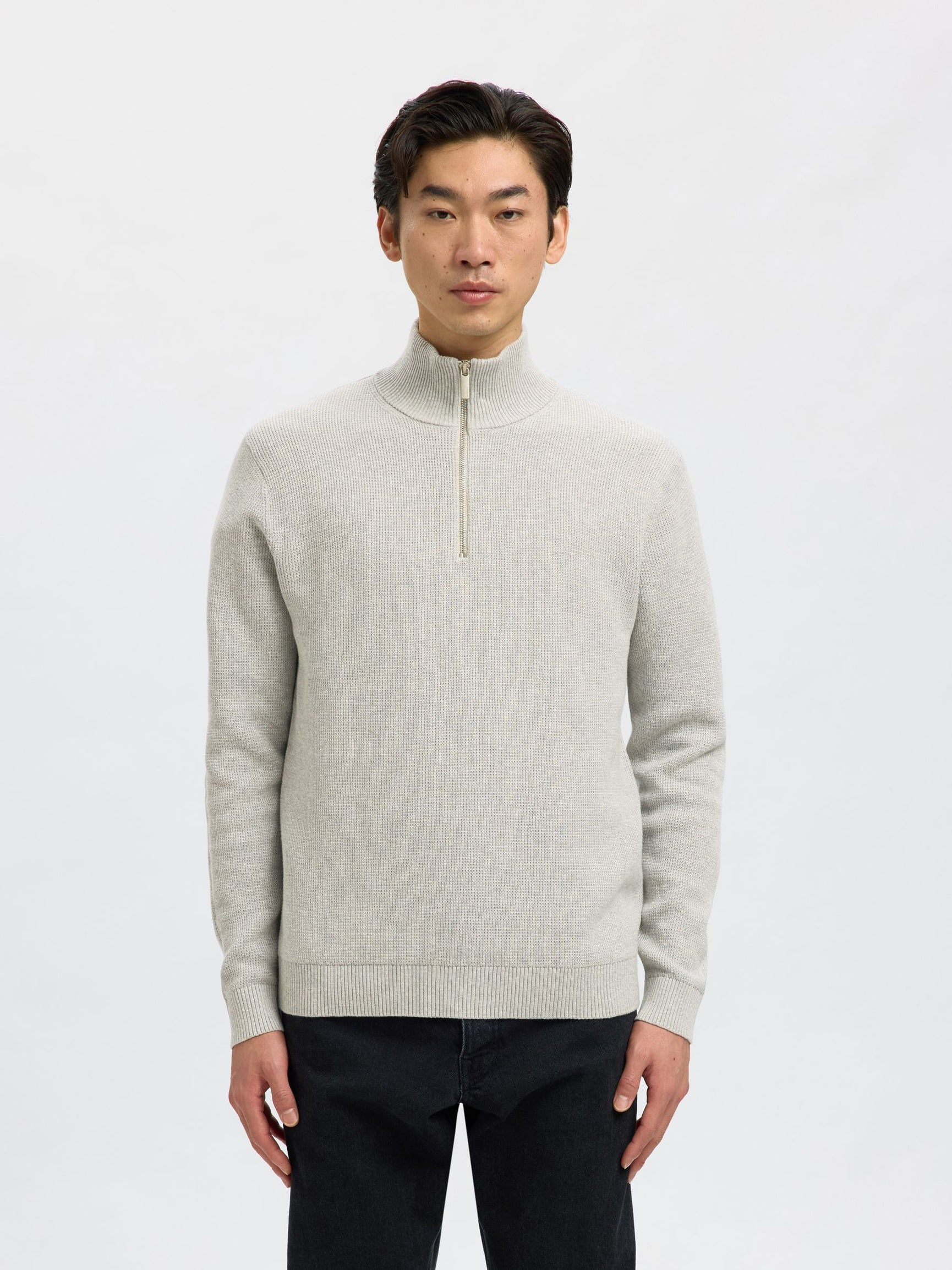Selected miesten neulepusero K SLHDANE LS KNIT STRUCTURE HALF ZIP NOO, Light Grey Melange