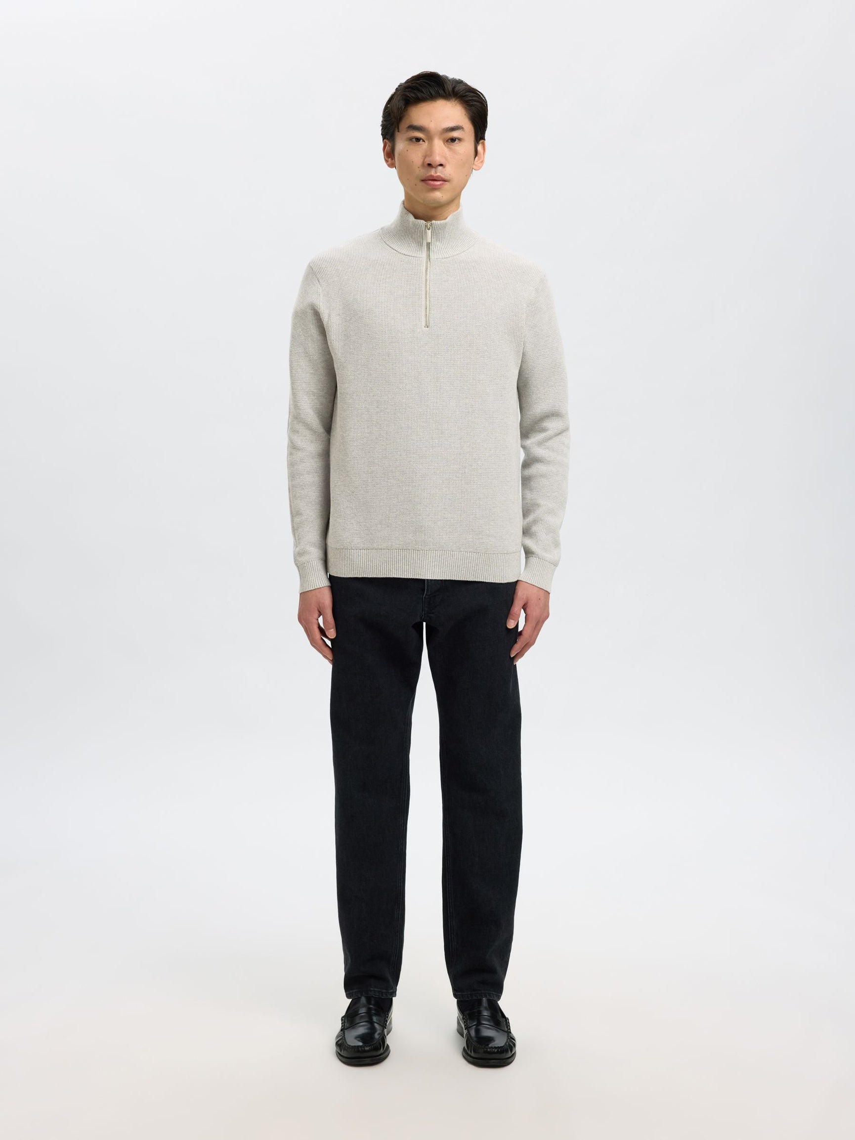 Selected miesten neulepusero K SLHDANE LS KNIT STRUCTURE HALF ZIP NOO, Light Grey Melange