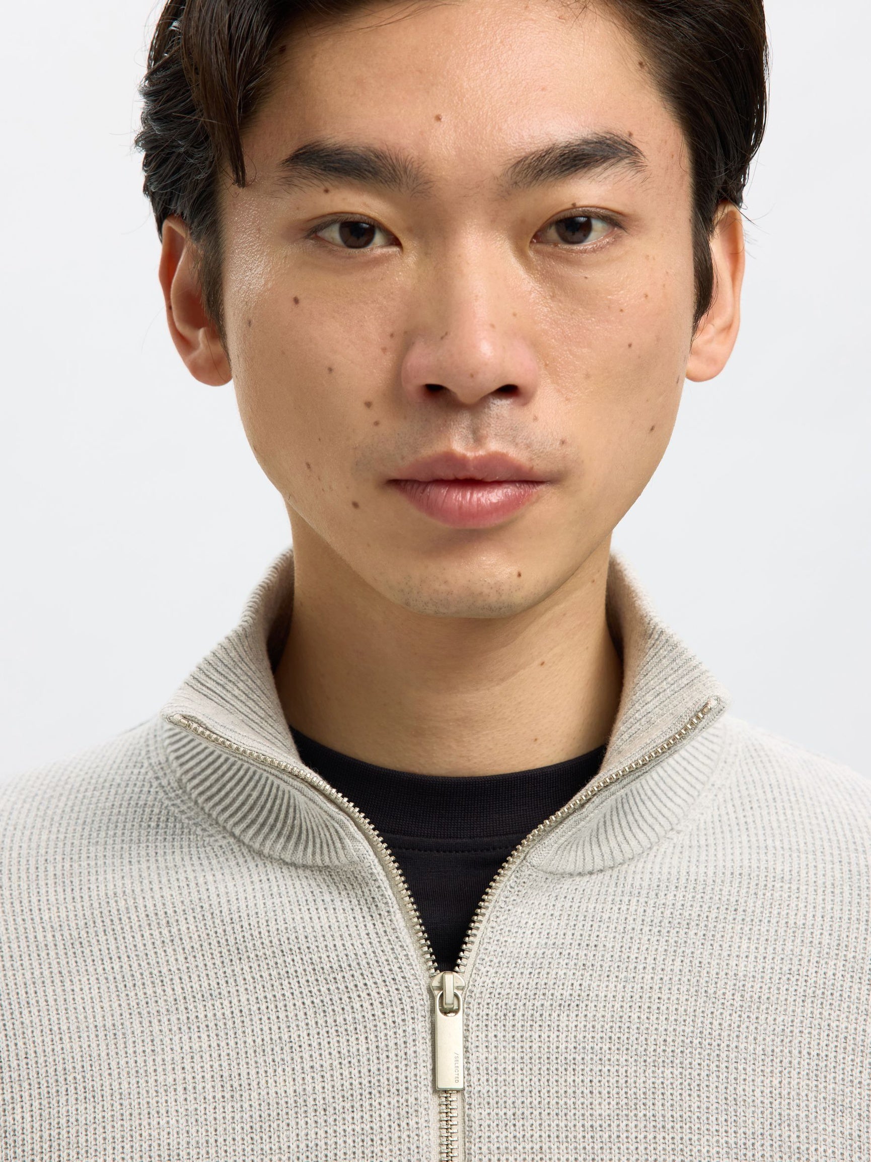 Selected miesten neulepusero K SLHDANE LS KNIT STRUCTURE HALF ZIP NOO, Light Grey Melange