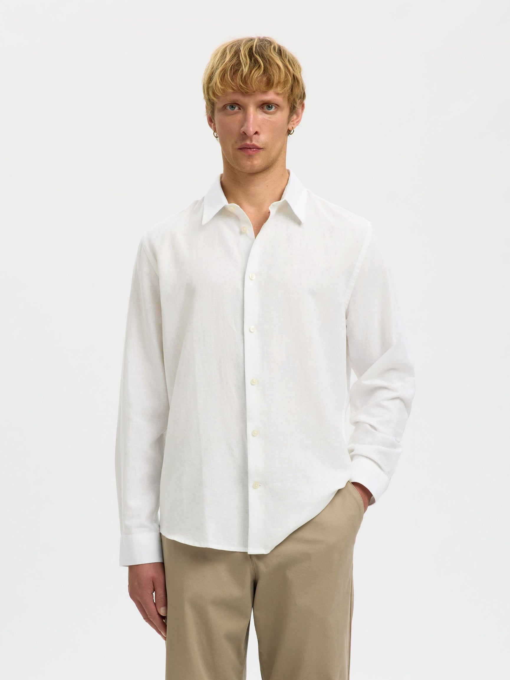 Selected miesten kauluspaita SLHREGCLAY Linenblend LS Shirt, Bright White