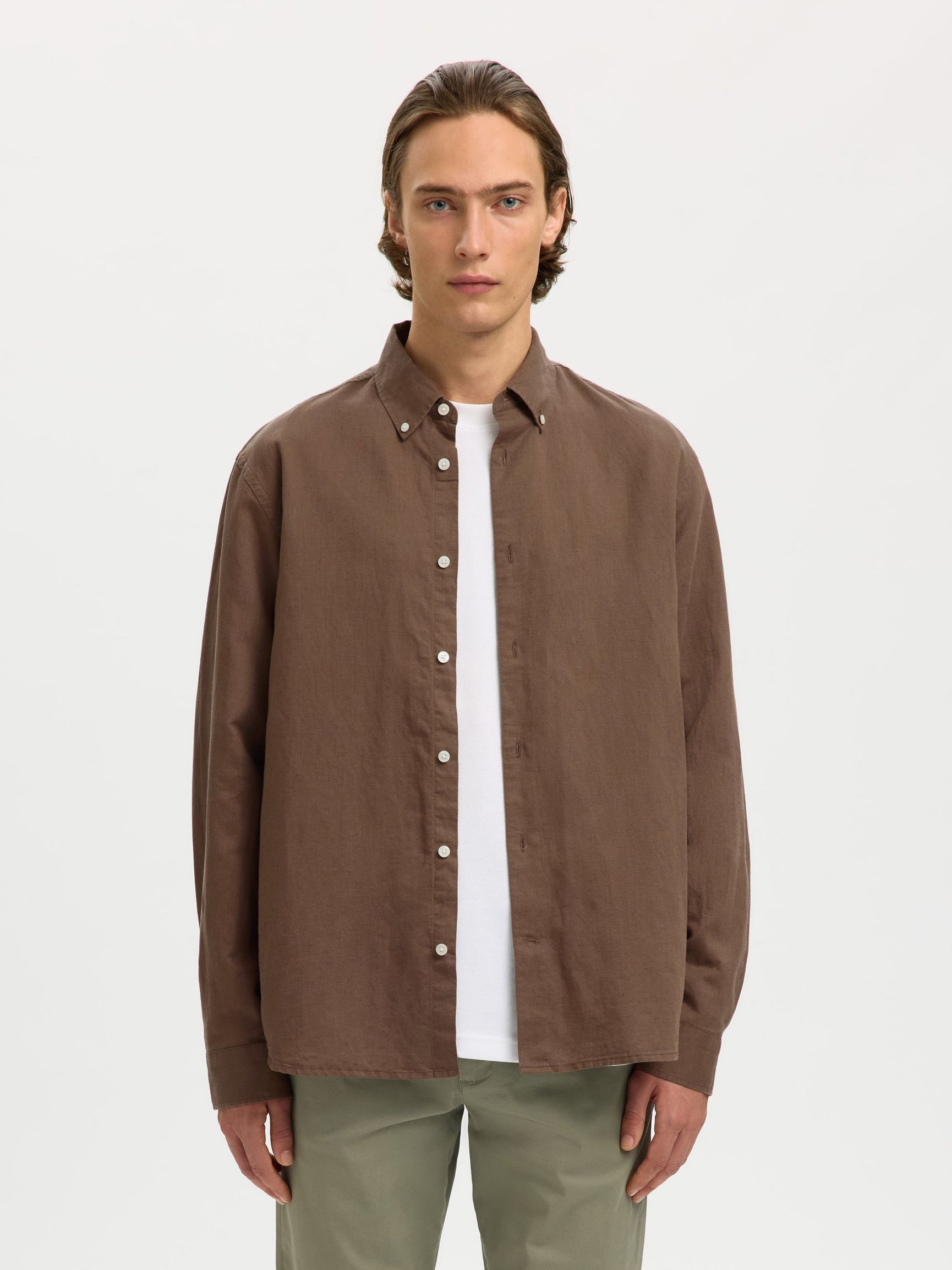 Selected miesten kauluspaita SLHREGCLAY Linenblend LS Shirt, Chocolate Chip