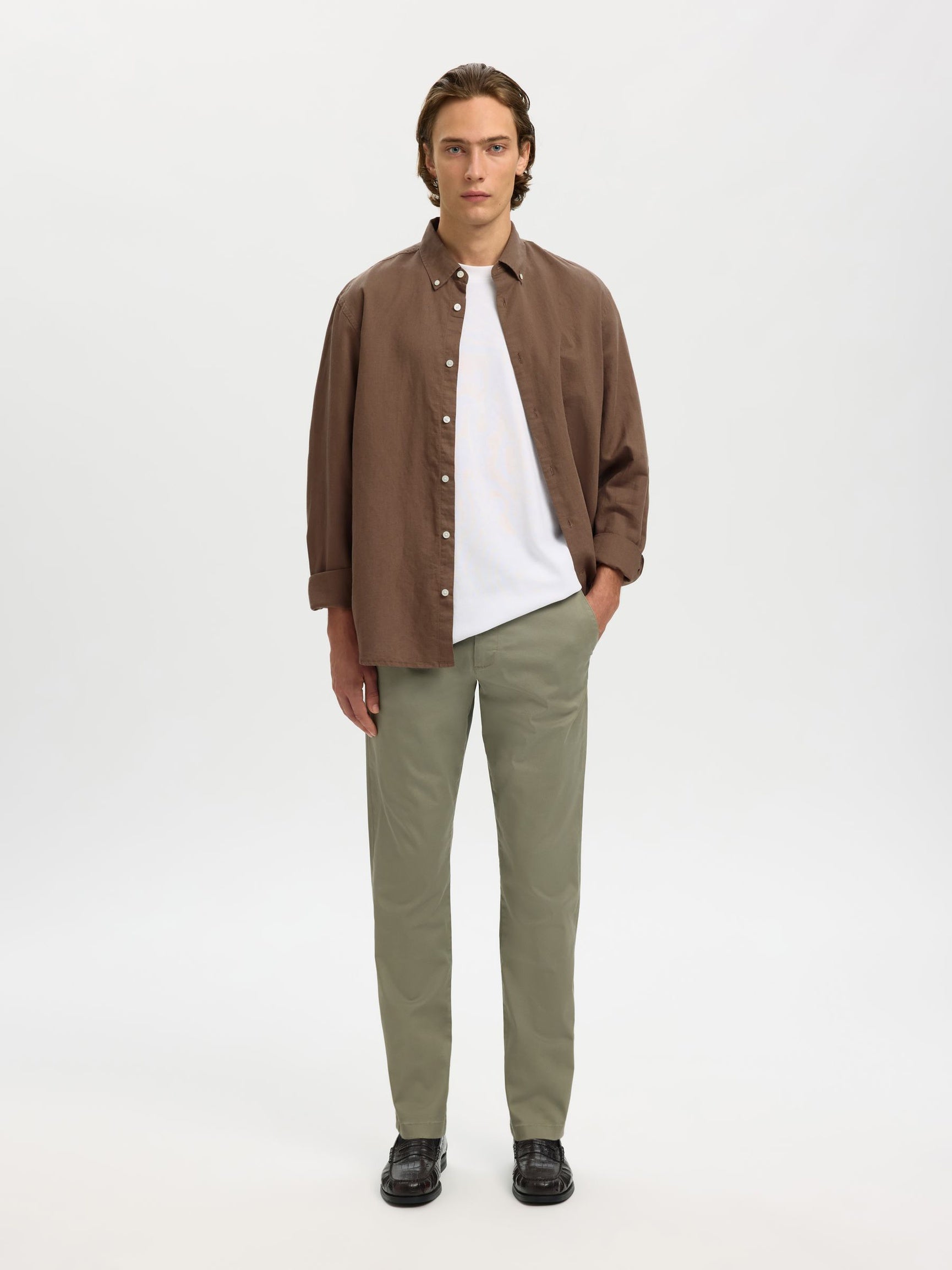 Selected miesten kauluspaita SLHREGCLAY Linenblend LS Shirt, Chocolate Chip