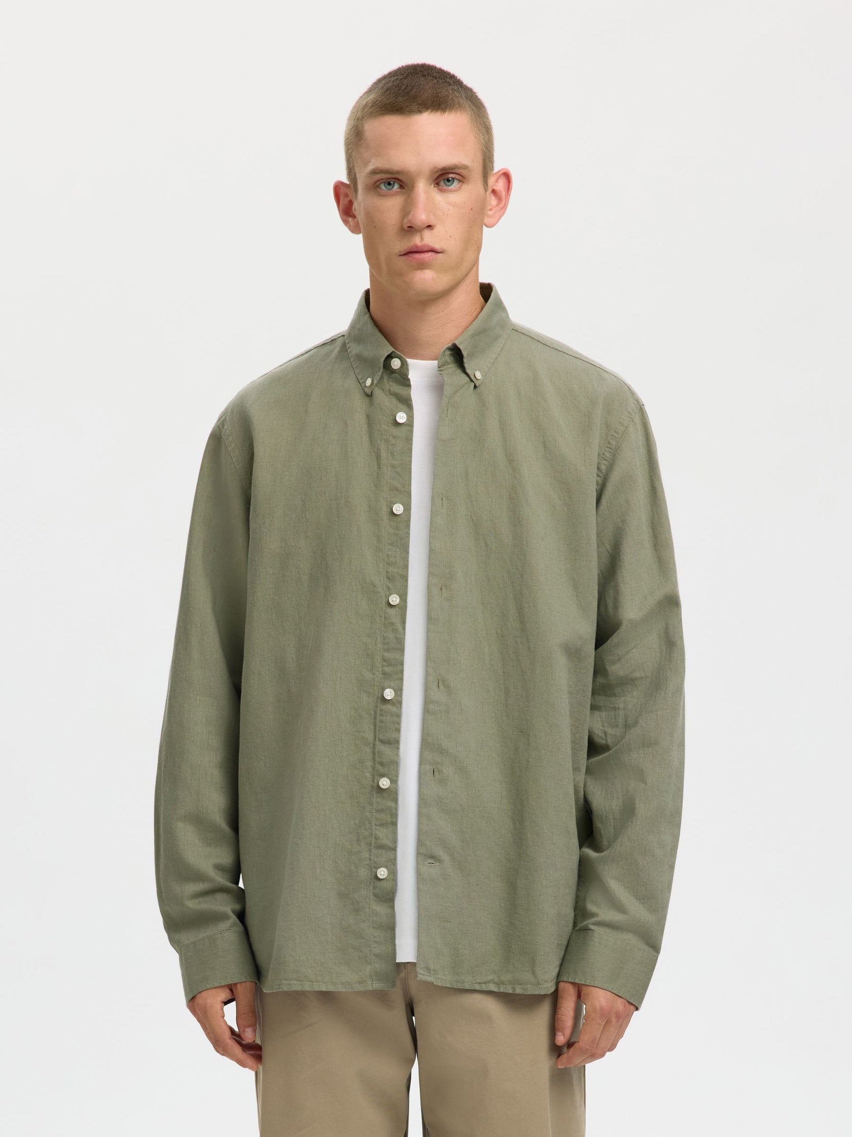 Selected miesten kauluspaita SLHREGCLAY Linenblend LS Shirt, Vetiver