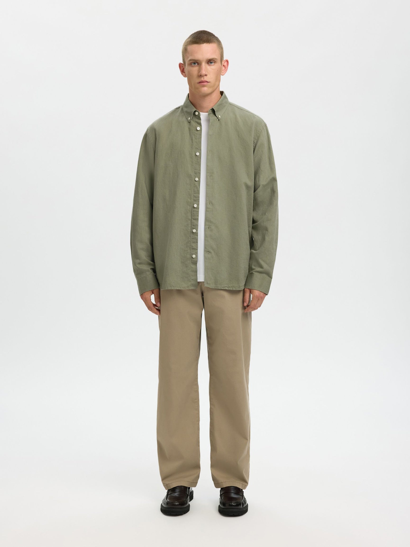 Selected miesten kauluspaita SLHREGCLAY Linenblend LS Shirt, Vetiver