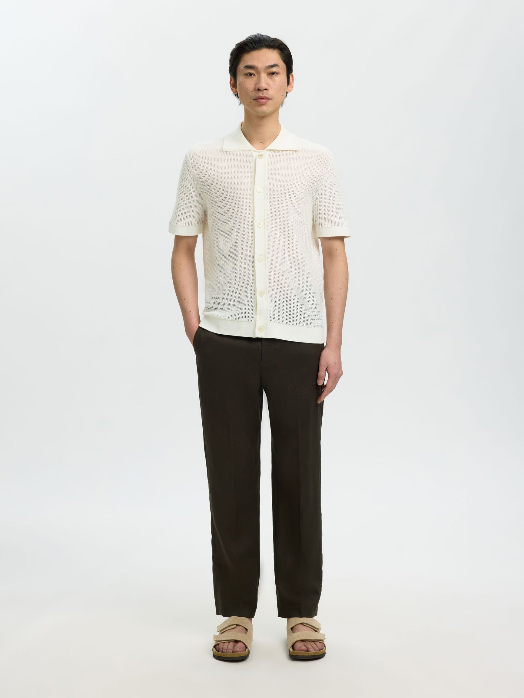 Selected miesten paita Open Struc Polo Cardigan, Egret