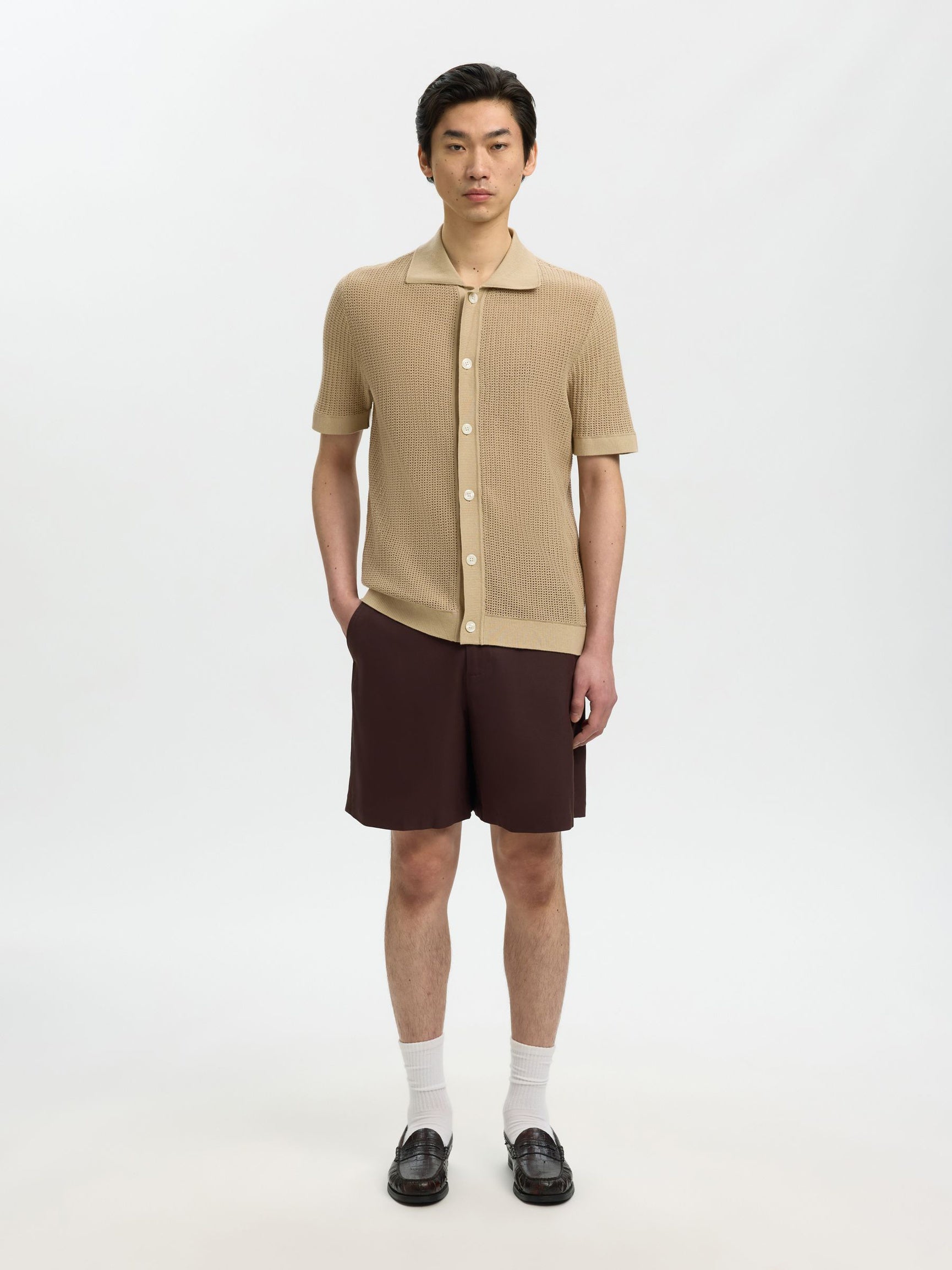 Selected miesten paita Open Struc Polo Cardigan, White Pepper