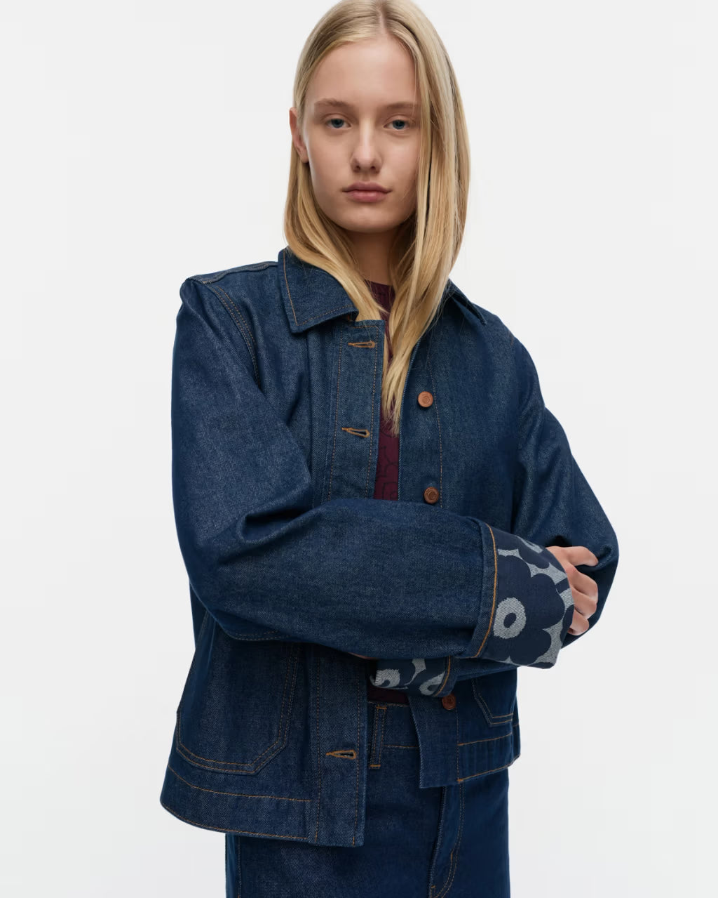 Marimekko naisten farkkutakki Maridenim Käänteet Mini Unikko, tummansininen