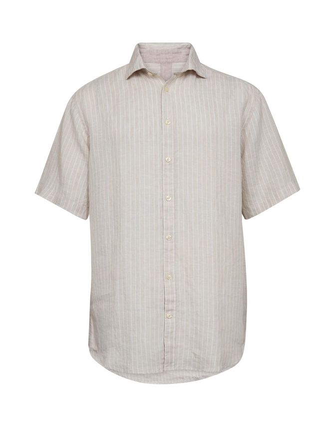 Gino Marcello miesten lyhythihainen kauluspaita Linen Cotton Striped SS Shirt, raidallinen beige