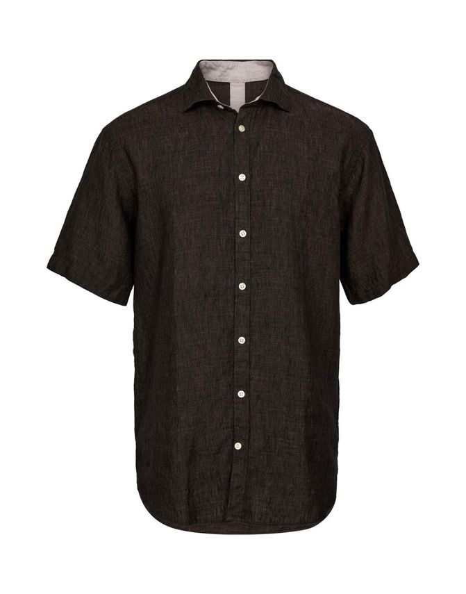 Gino Marcello miesten lyhythihainen kauluspaita Linen Cotton SS Shirt, mustanruskea