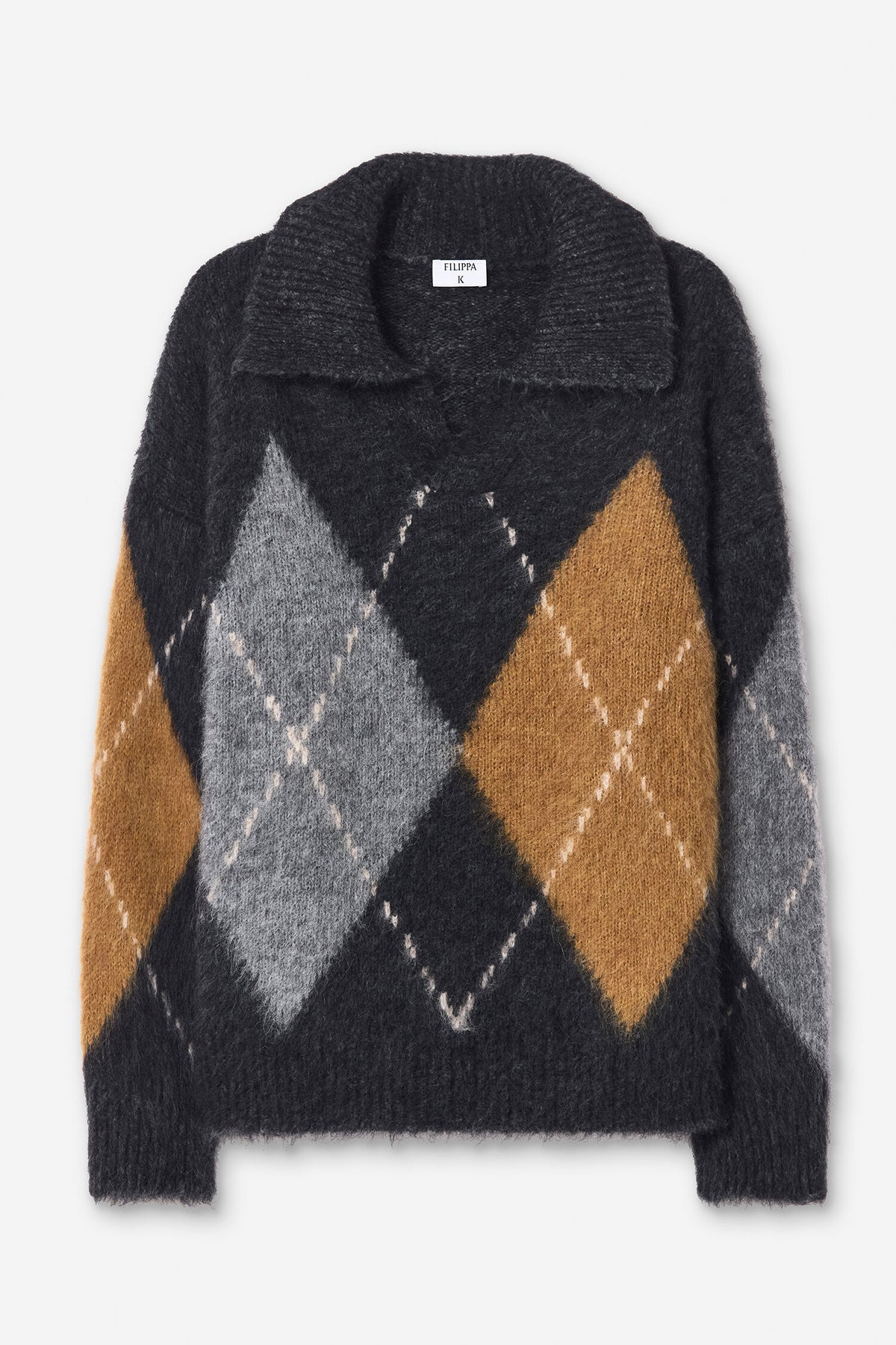 Filippa K naisten neulepusero Alpaca Check Sweater, harmaa kuosillinen, pehmeä alpakkaneule mustan, harmaan ja ruskean sävyisellä vinoruutukuviolla ja kauluksella