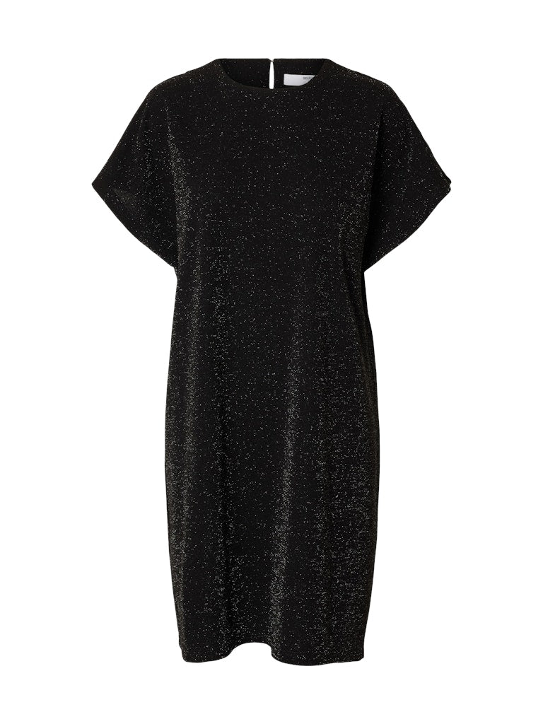 Selected Femme Oversized Sandra SS Short Dress, Black W. Silver Lurex