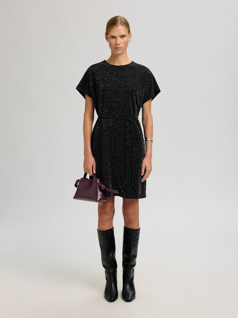 Selected Femme Oversized Sandra SS Short Dress, Black W. Silver Lurex