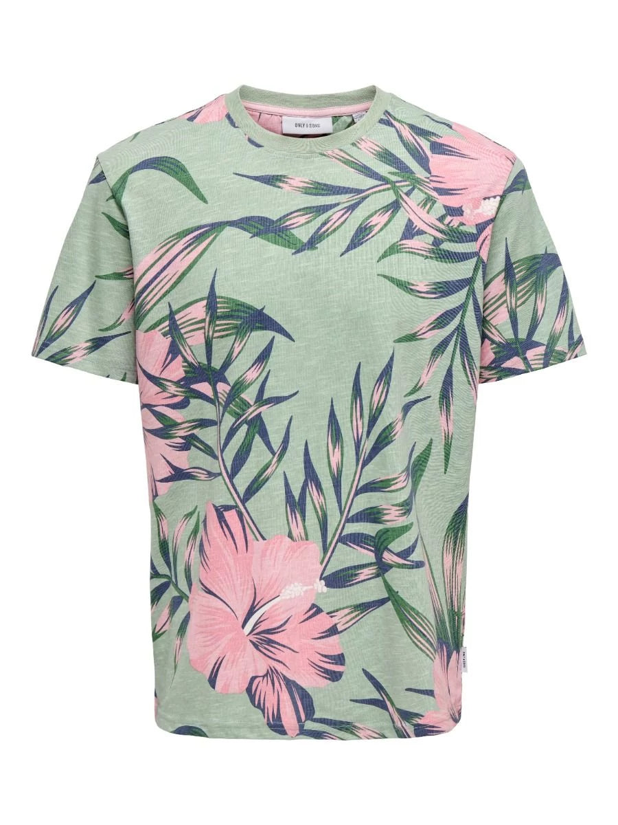 Only and Sons Miesten T-paita ONSKLOP REG SS FLORAL TEE Vihreä Kuosi