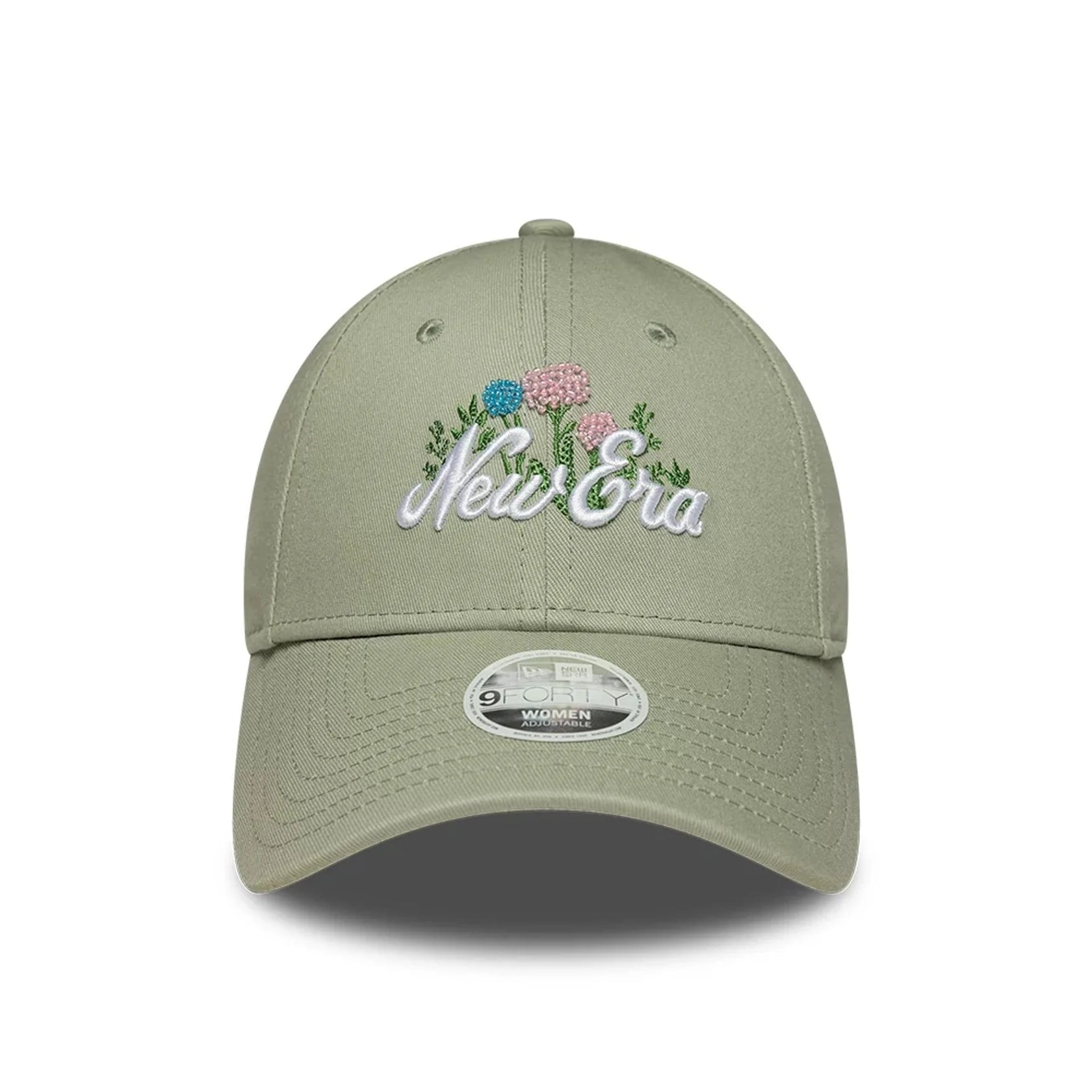New Era naisten lippis Female Beaded 9Forty, vedenvihreä, pehmeää kangasta, jossa valkoiset kirjailut ja pienet värikkäät kukka-aiheet edessä sekä säädettävä takana.