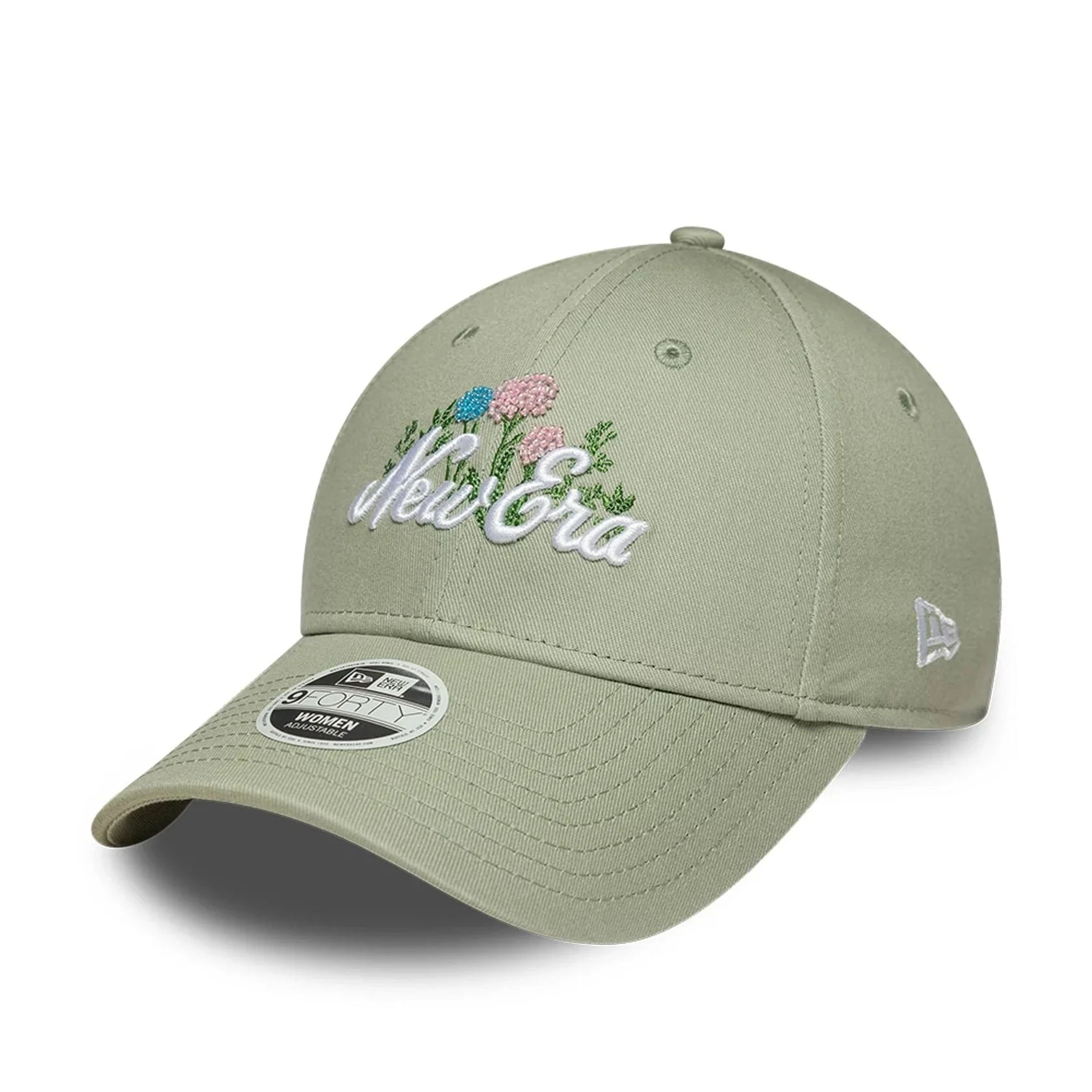 New Era naisten lippis Female Beaded 9Forty, vedenvihreä, jossa on brodeerattu kukkakuosi ja valkoinen logoteksti, säädettävä takakiinnitys ja pehmeä kangas.