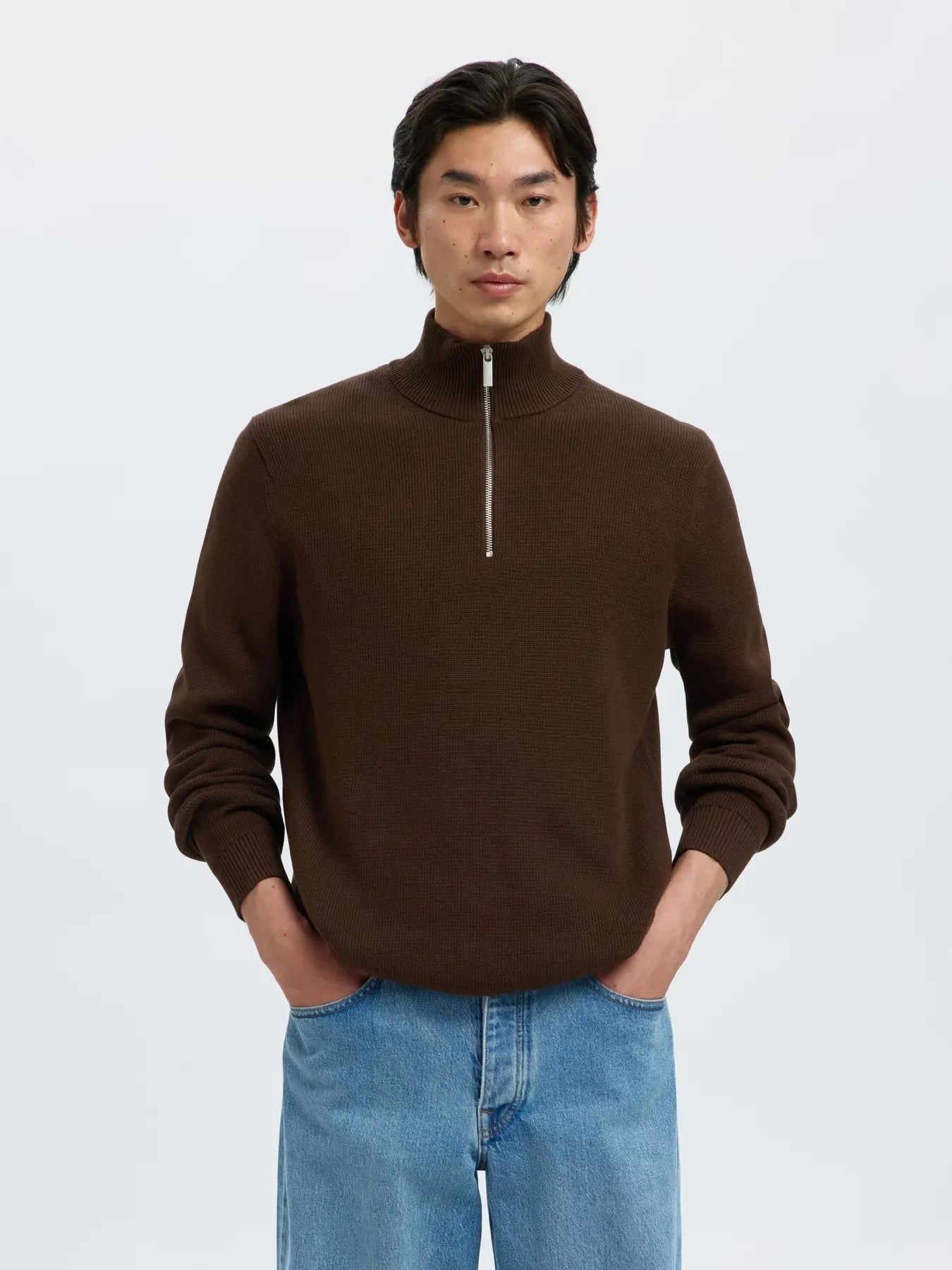 SLHDANE LS KNIT STRUCTURE HALF ZIP NOOS Demitasse
