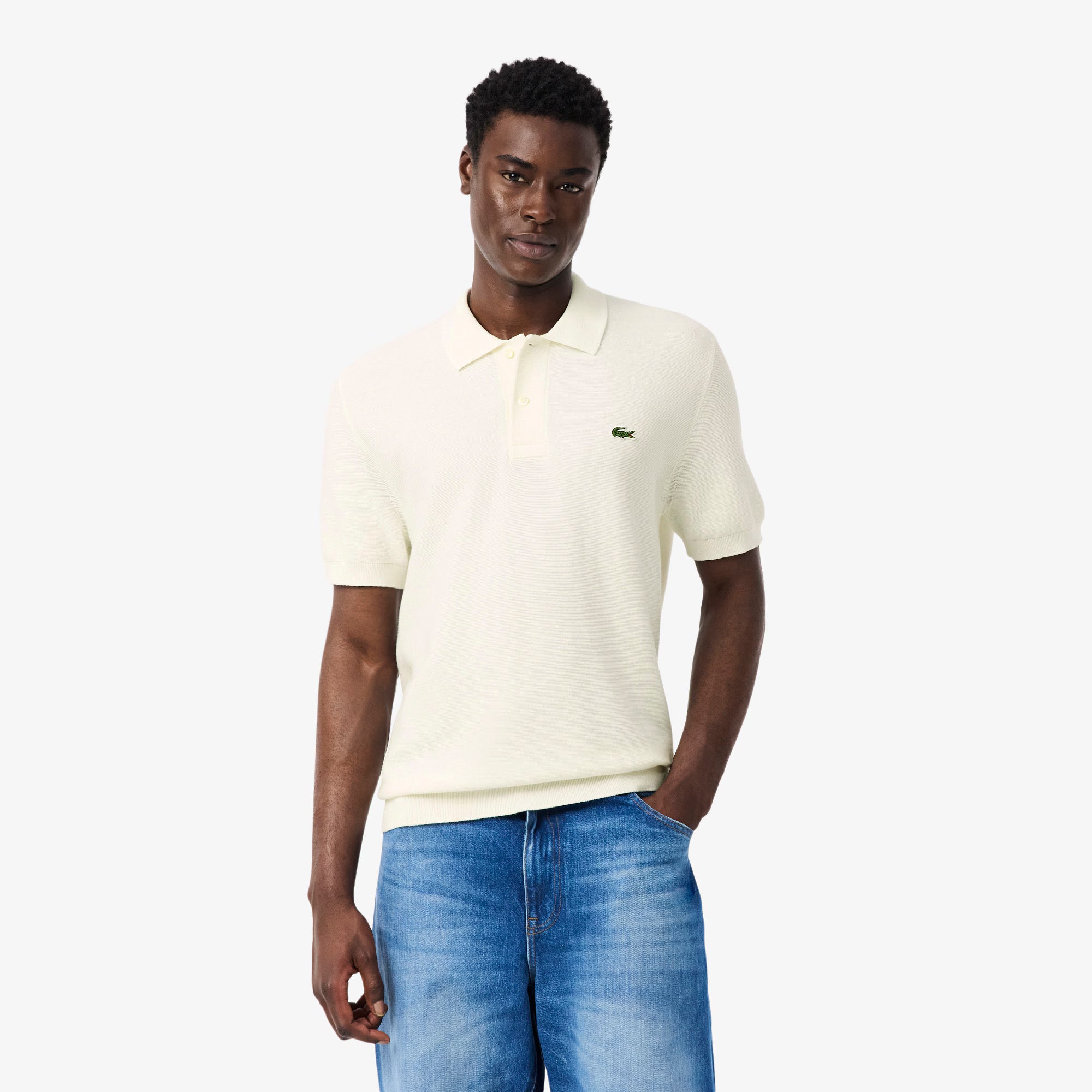 Lacoste miesten pikeepaita Fineknit Cotton Polo Collar SS Sweater, valkoinen