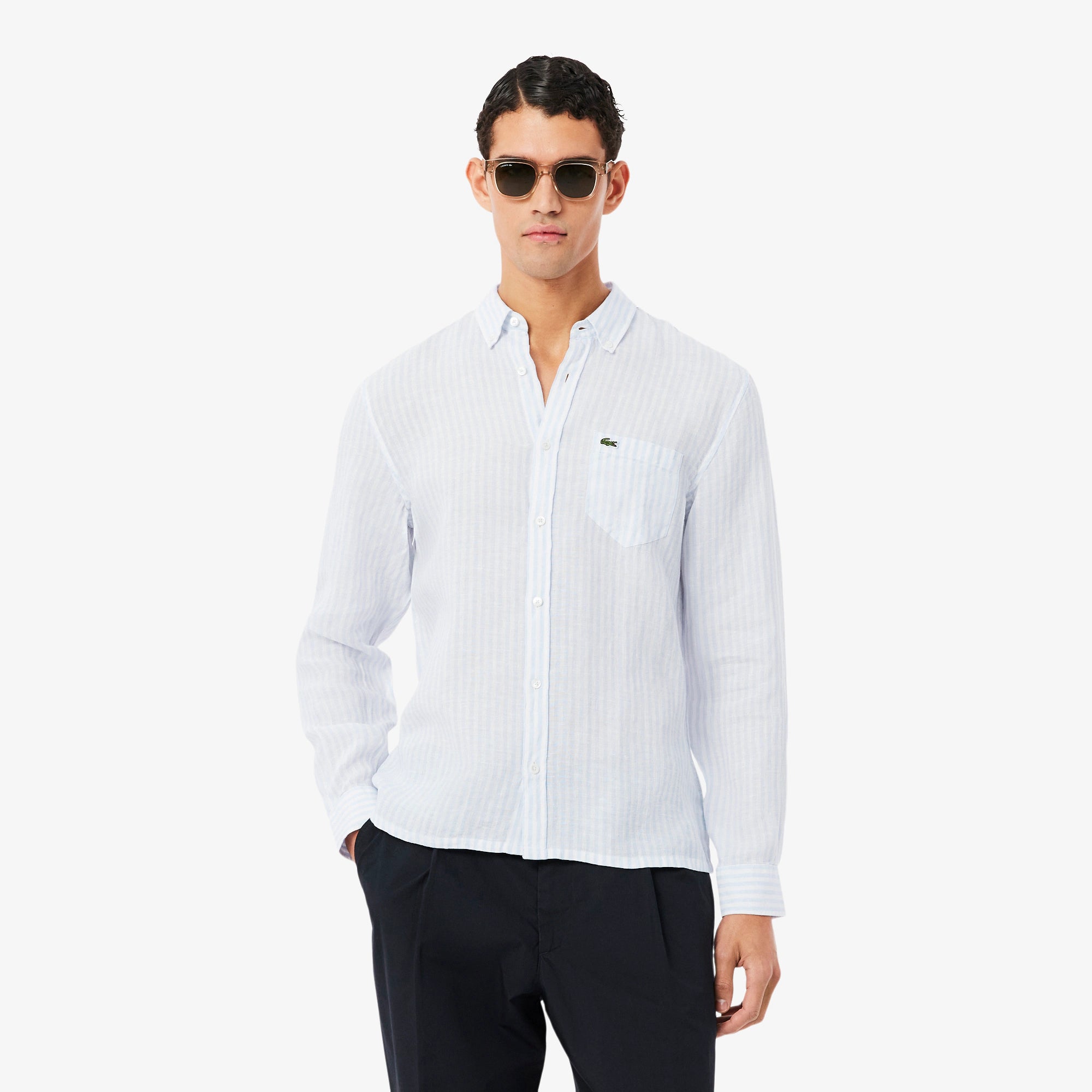 Lacoste miesten kauluspaita Reg Fit Striped Linen Shirt, raidallinen sininen