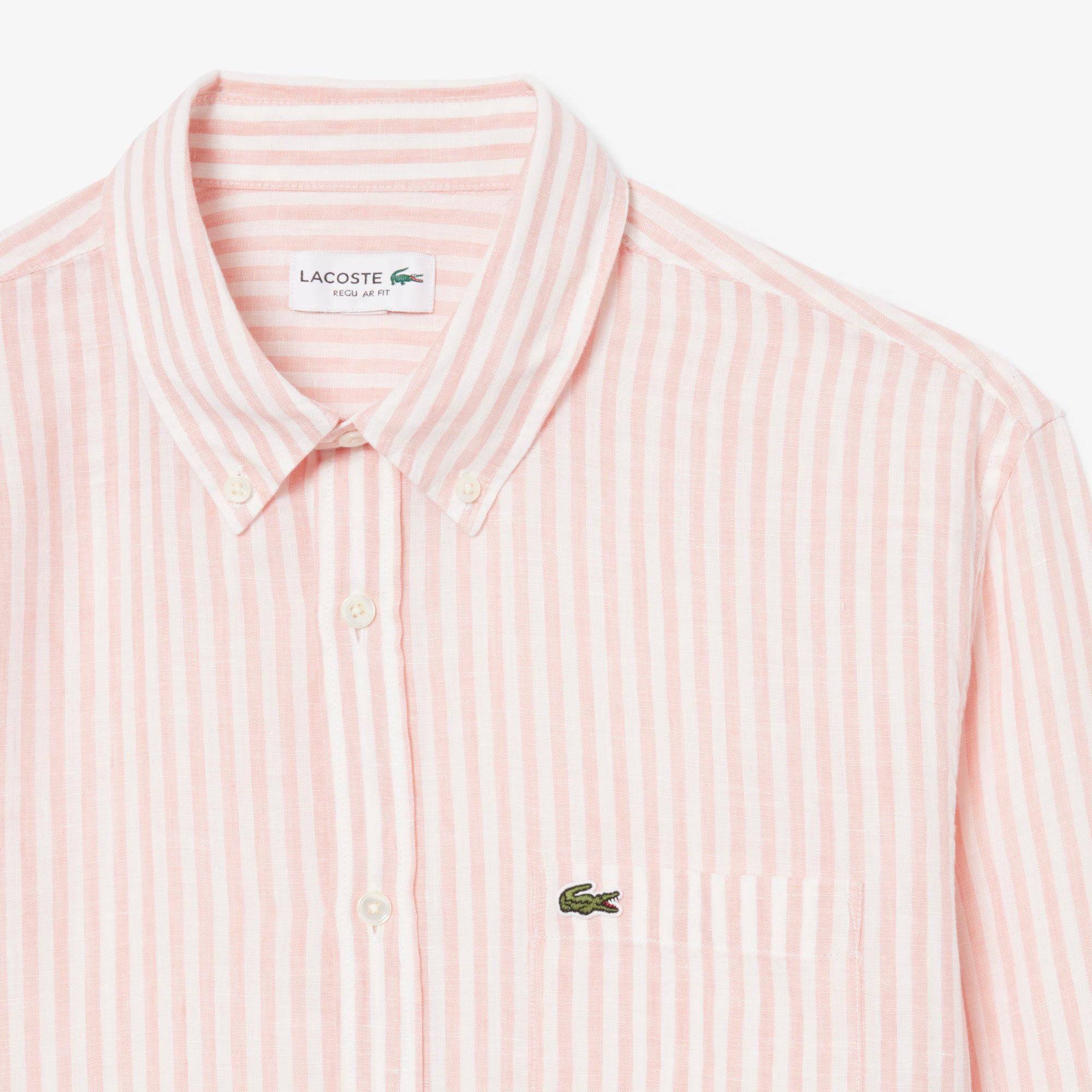 Lacoste miesten kauluspaita Reg Fit Striped Linen Shirt, raidallinen pinkki