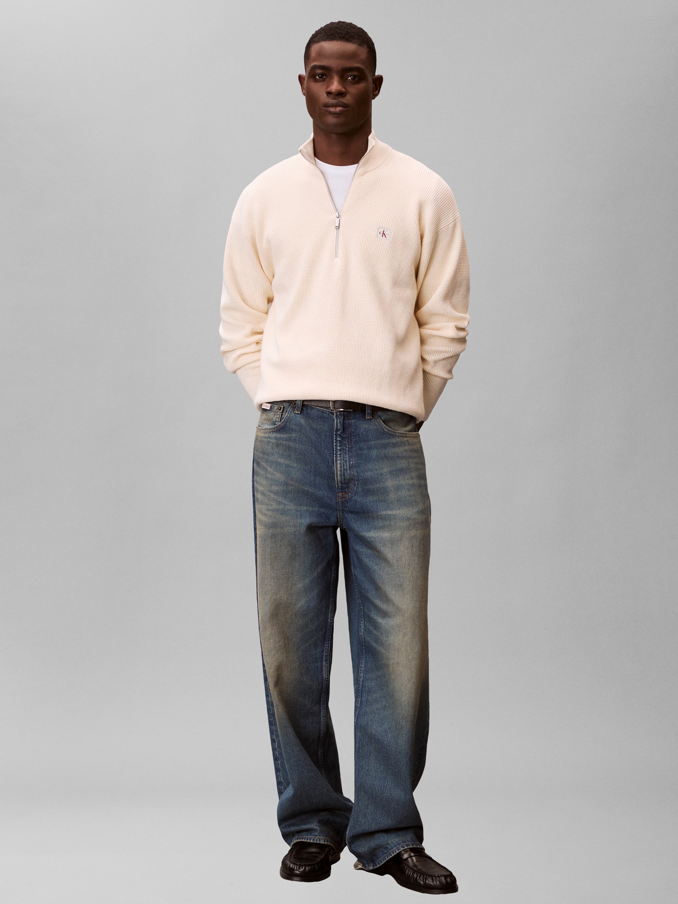 Calvin Klein Jeans miesten collegepaita ELS EZ Cotton Waffle Quarter Zip, kerma