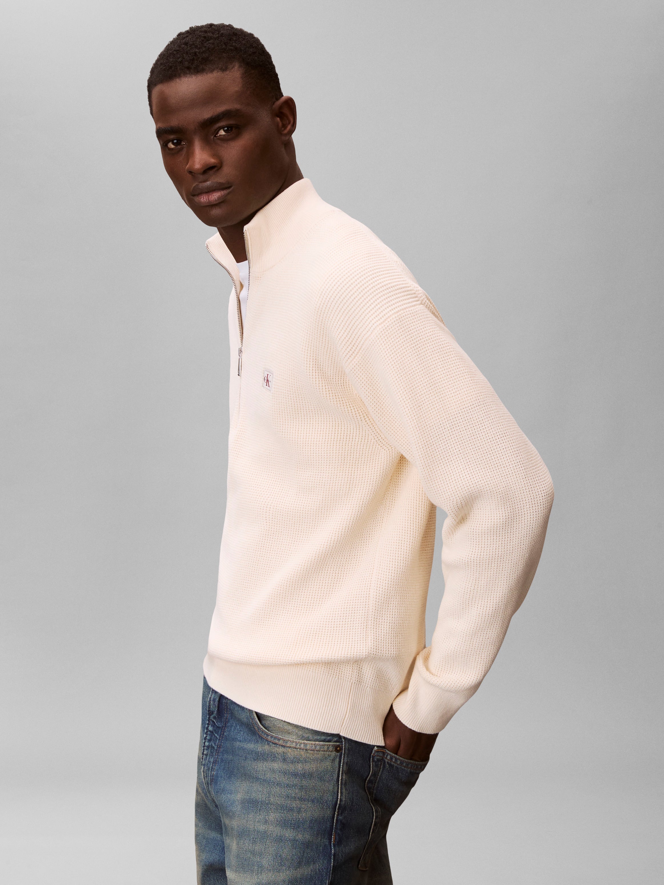 Calvin Klein Jeans miesten collegepaita ELS EZ Cotton Waffle Quarter Zip, kerma
