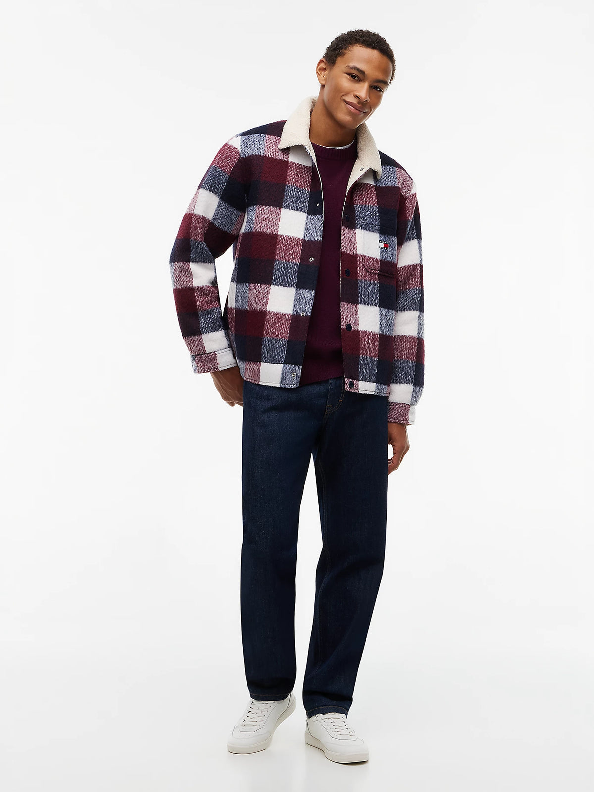 Tommy Jeans miesten takki TJM Teddy Collar Brushed Shacket, punainen ruutu