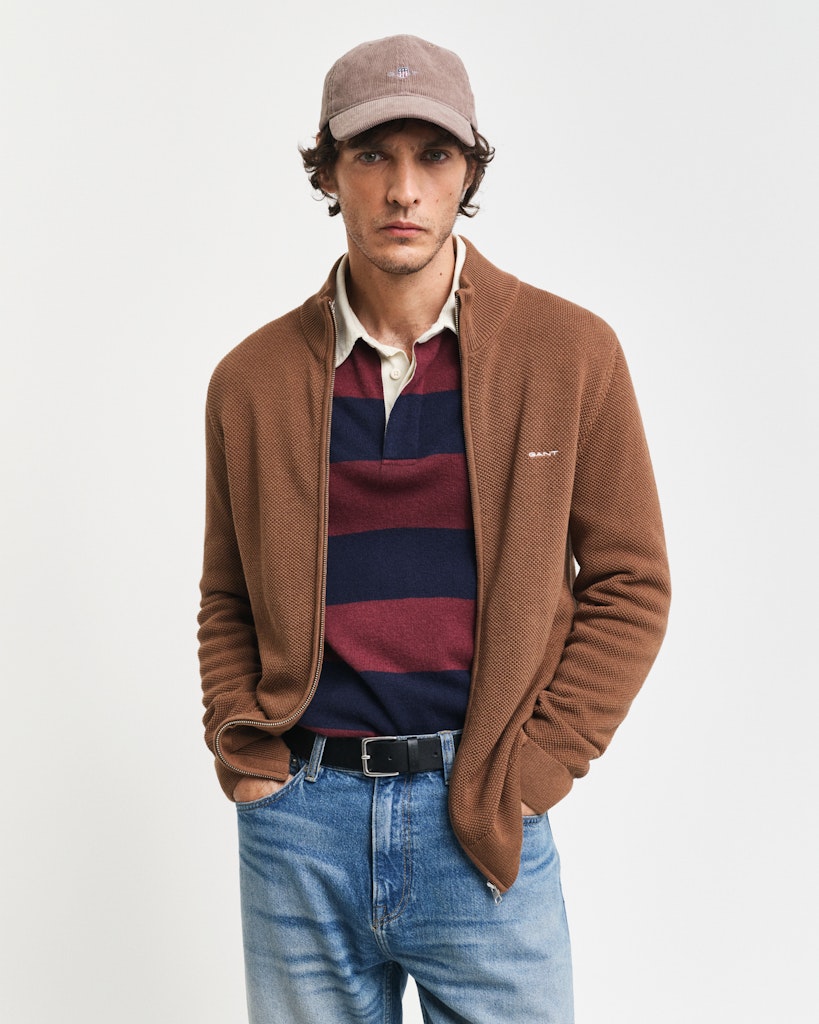 Gant miesten neuletakki K Cotton Pique Zip Cardigan, harmaanruskea