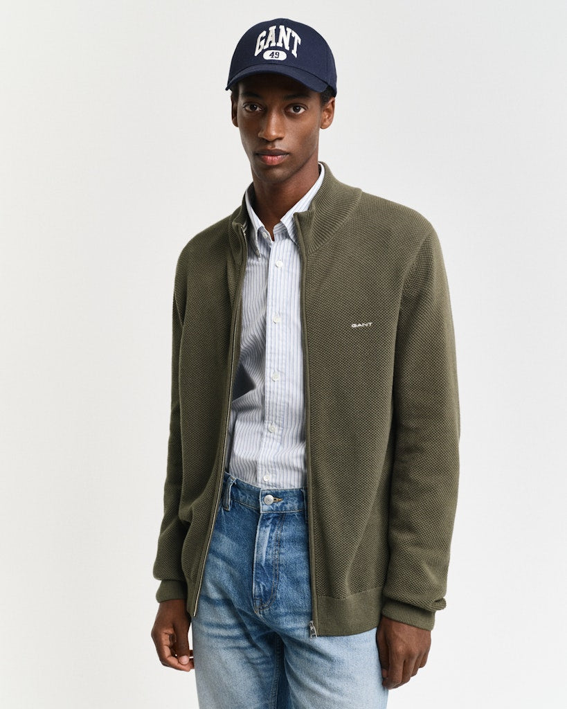 Gant miesten neuletakki K Cotton Pique Zip Cardigan, khaki