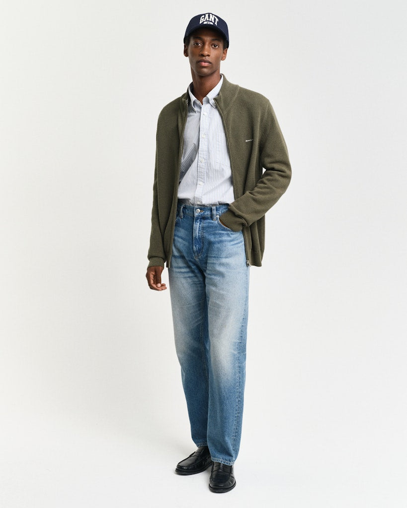 Gant miesten neuletakki K Cotton Pique Zip Cardigan, khaki