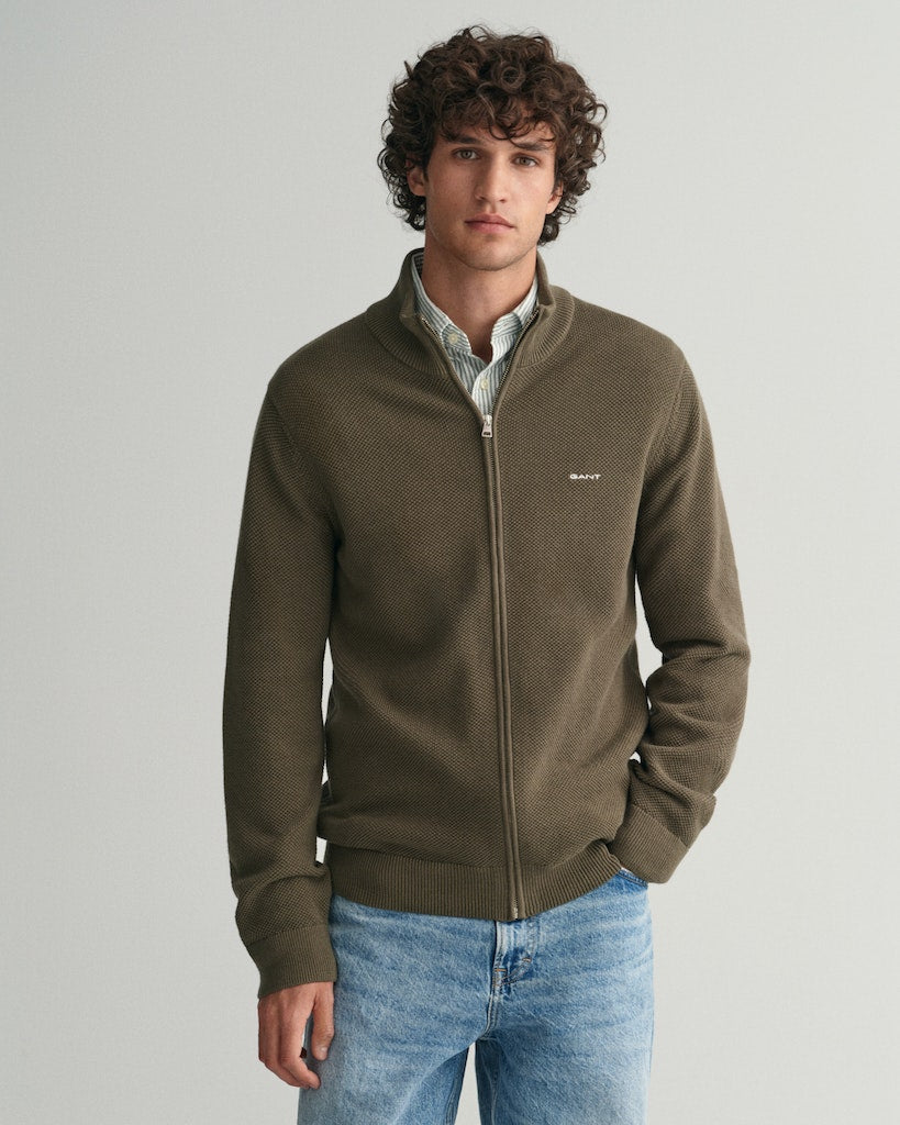Gant miesten neuletakki K Cotton Pique Zip Cardigan, khaki