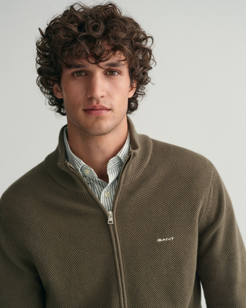 Gant miesten neuletakki K Cotton Pique Zip Cardigan, khaki
