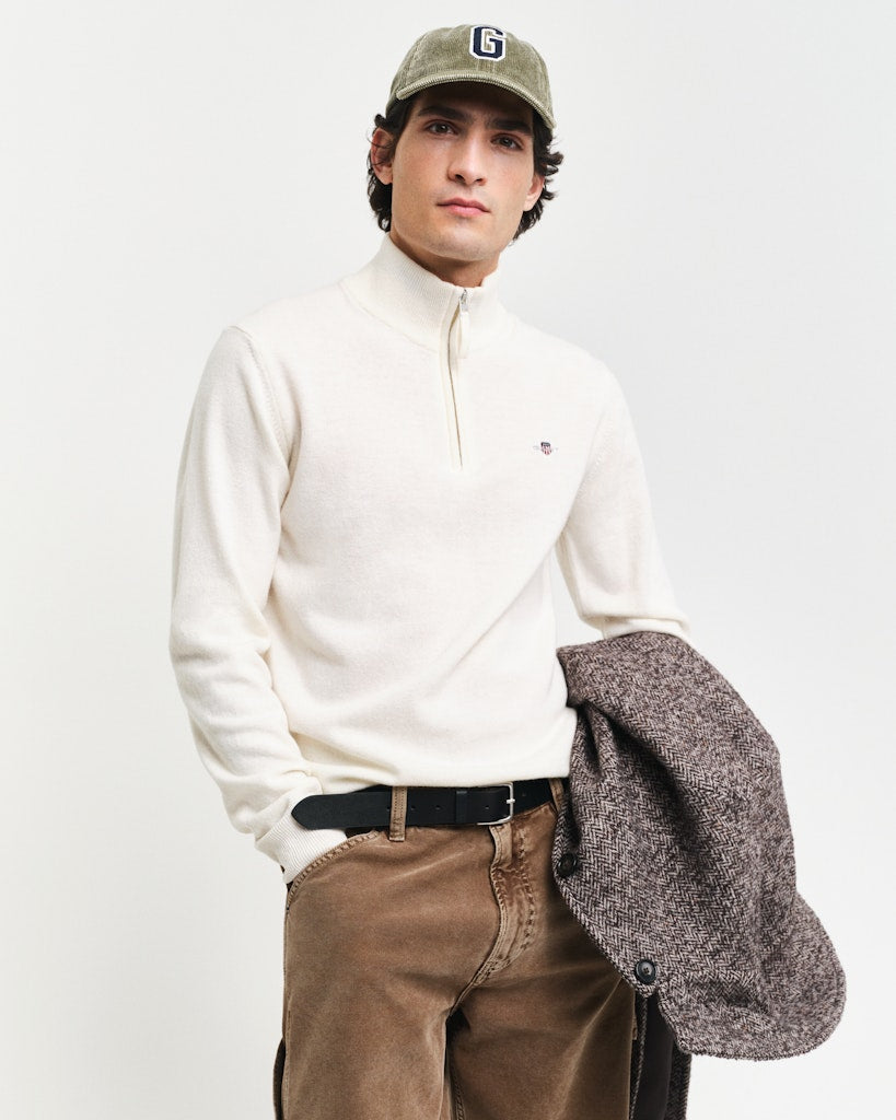 Gant miesten neulepusero, K SUPERFINE LAMBSWOOL HALF ZIP LUONNONVALKOINEN