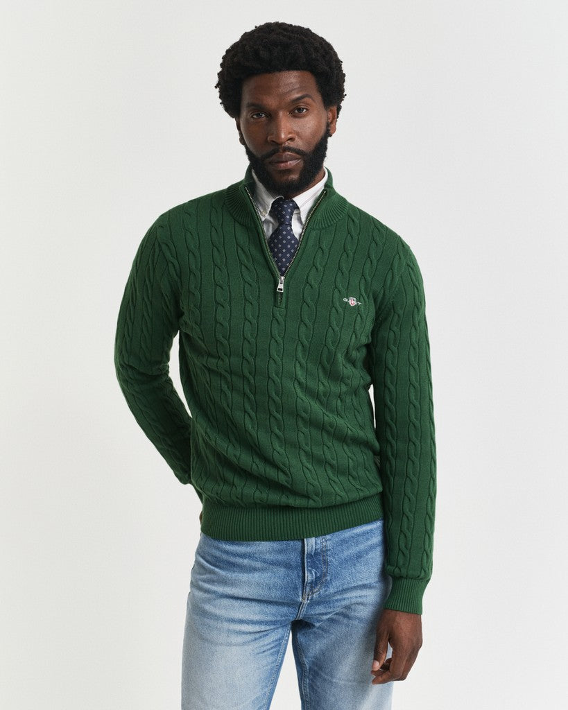 Gant miesten neulepusero Cotton Cable Half Zip, tummanvihreä