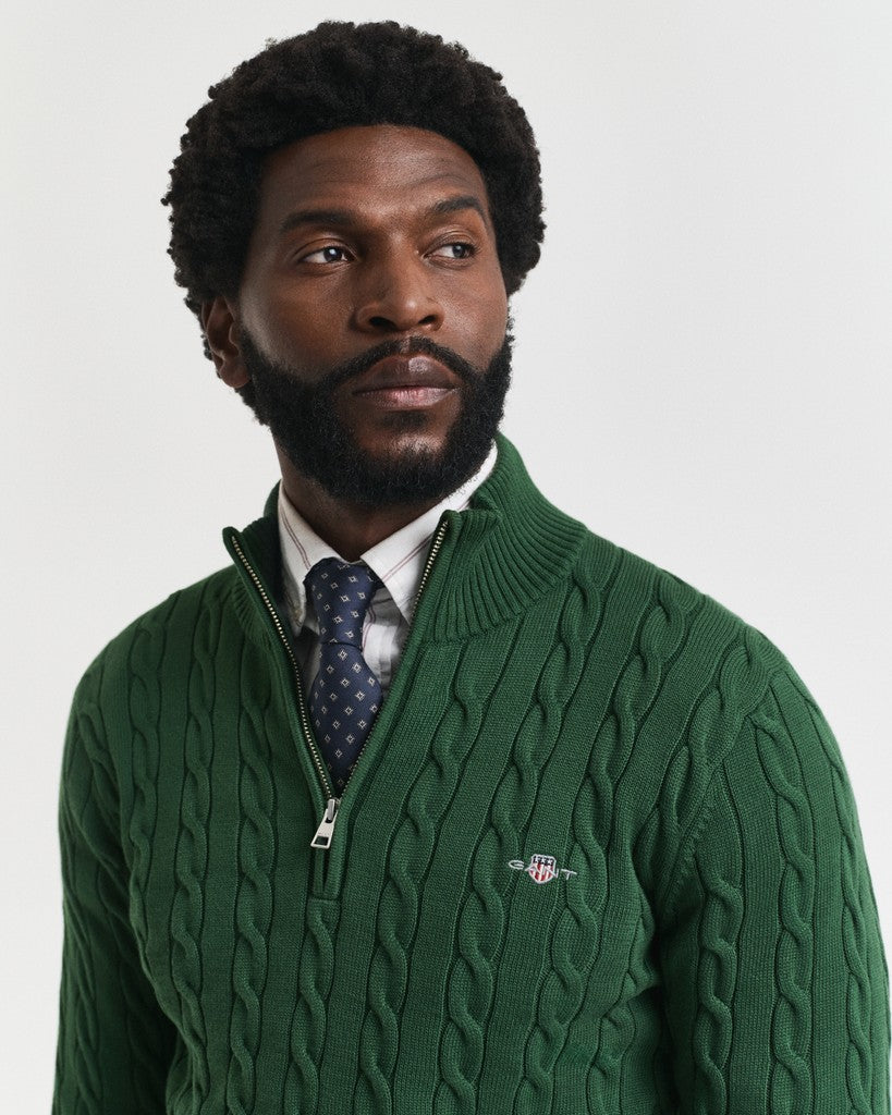 Gant miesten neulepusero Cotton Cable Half Zip, tummanvihreä