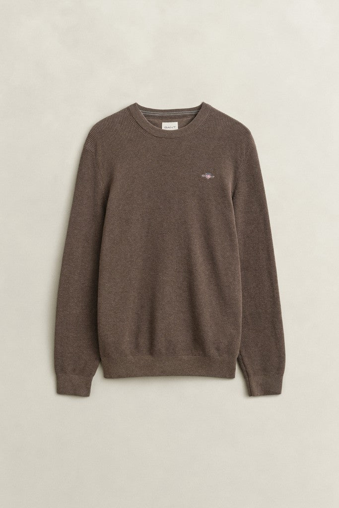 Gant miesten neulepusero Micro Textured Cotton C-Neck, vaaleanruskea