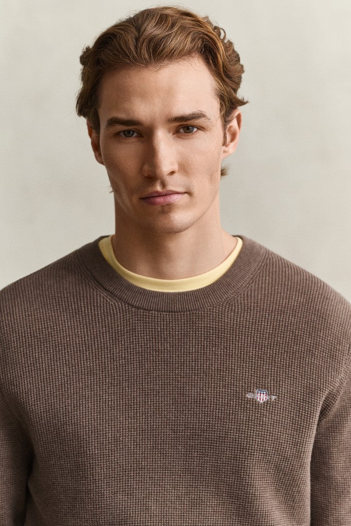 Gant miesten neulepusero Micro Textured Cotton C-Neck, vaaleanruskea