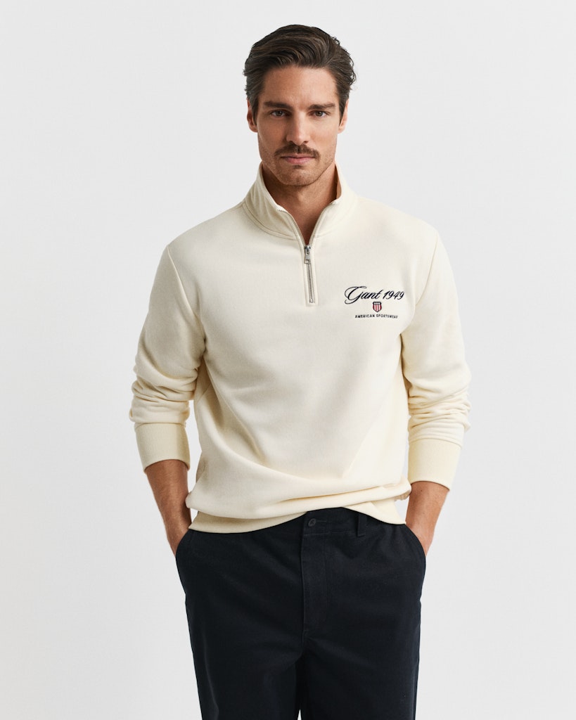Gant Miesten Collegepusero Graphic Half Zip, Luonnonvalkoinen