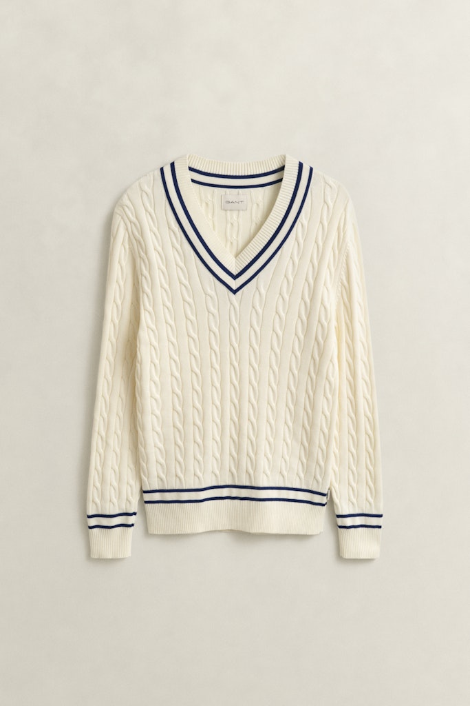 Gant miesten neulepusero Cotton Cable Cricket V-Neck, valkoinen