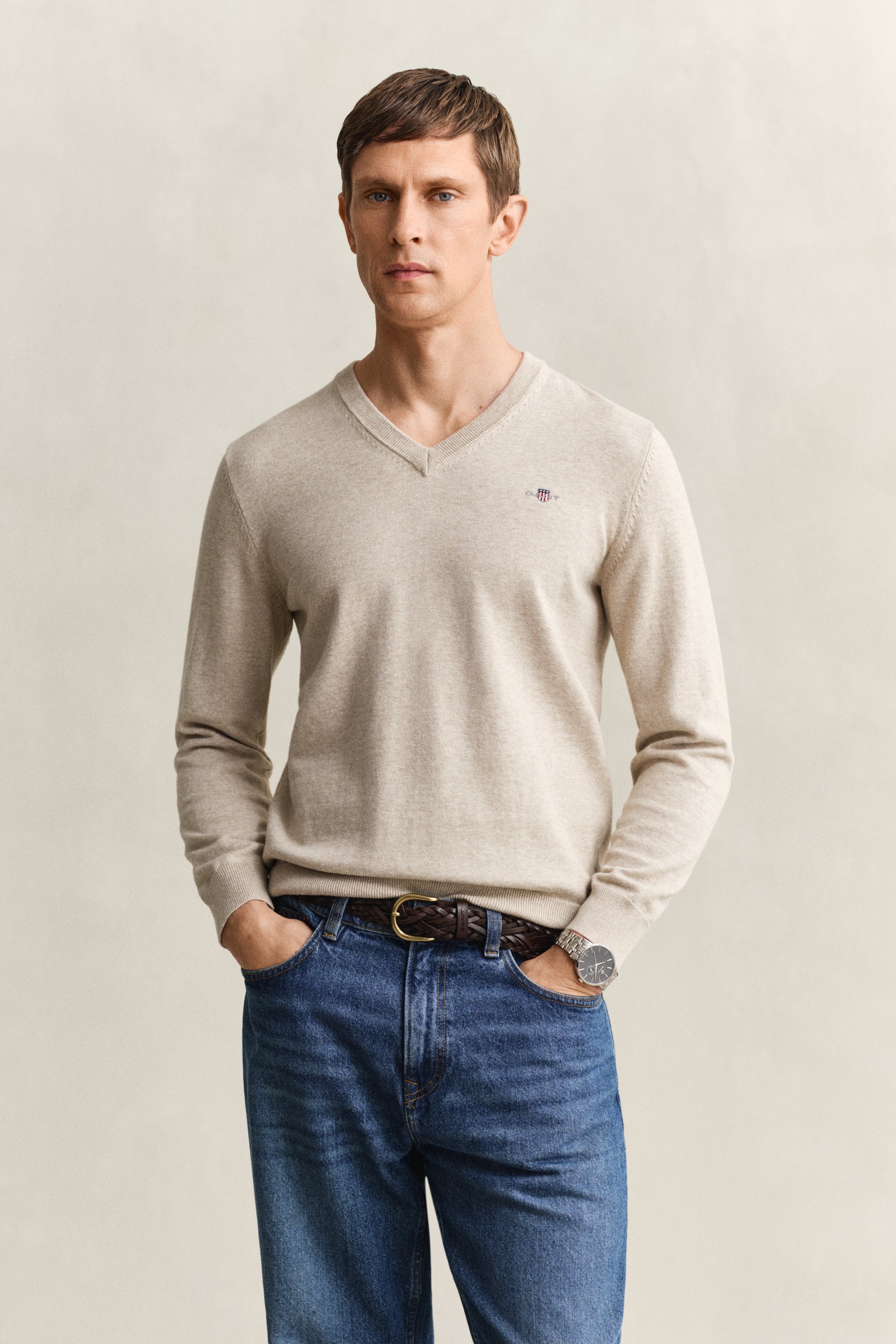 Gant miesten neulepusero Classic Cotton V-Neck, beige
