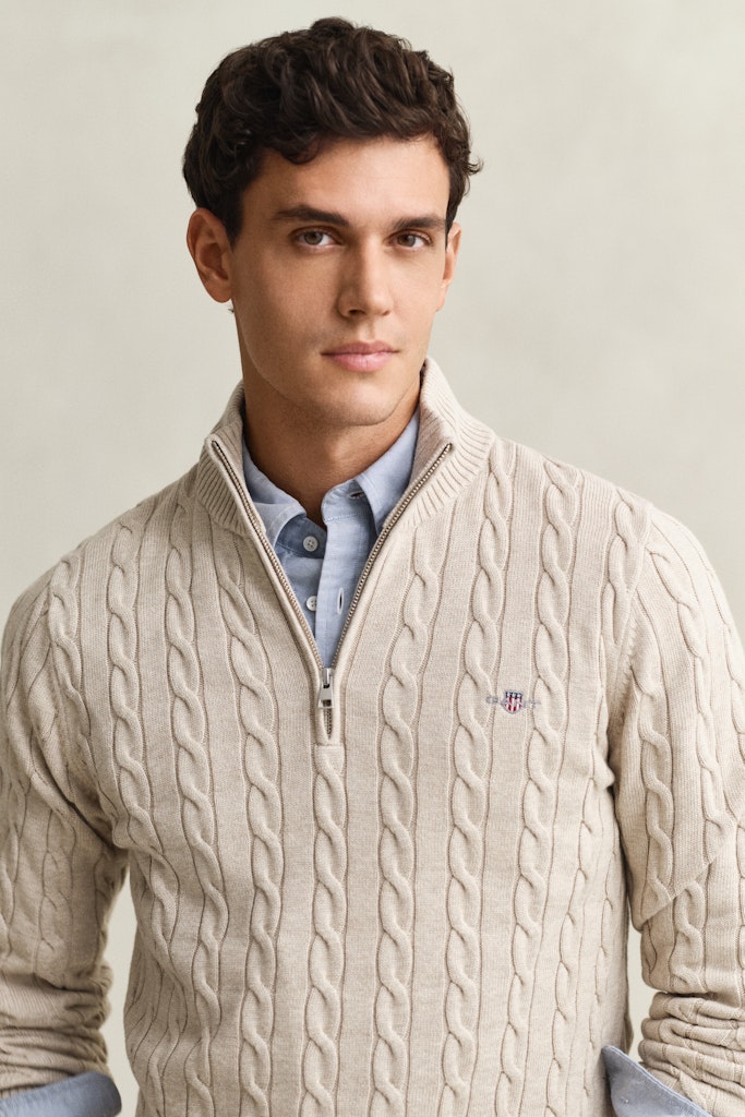 Gant miesten neulepusero Cotton Cable Half Zip, vaalea beige