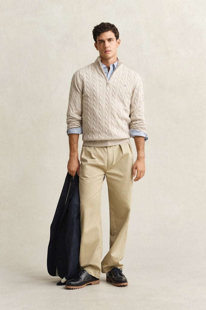 Gant miesten neulepusero Cotton Cable Half Zip, vaalea beige