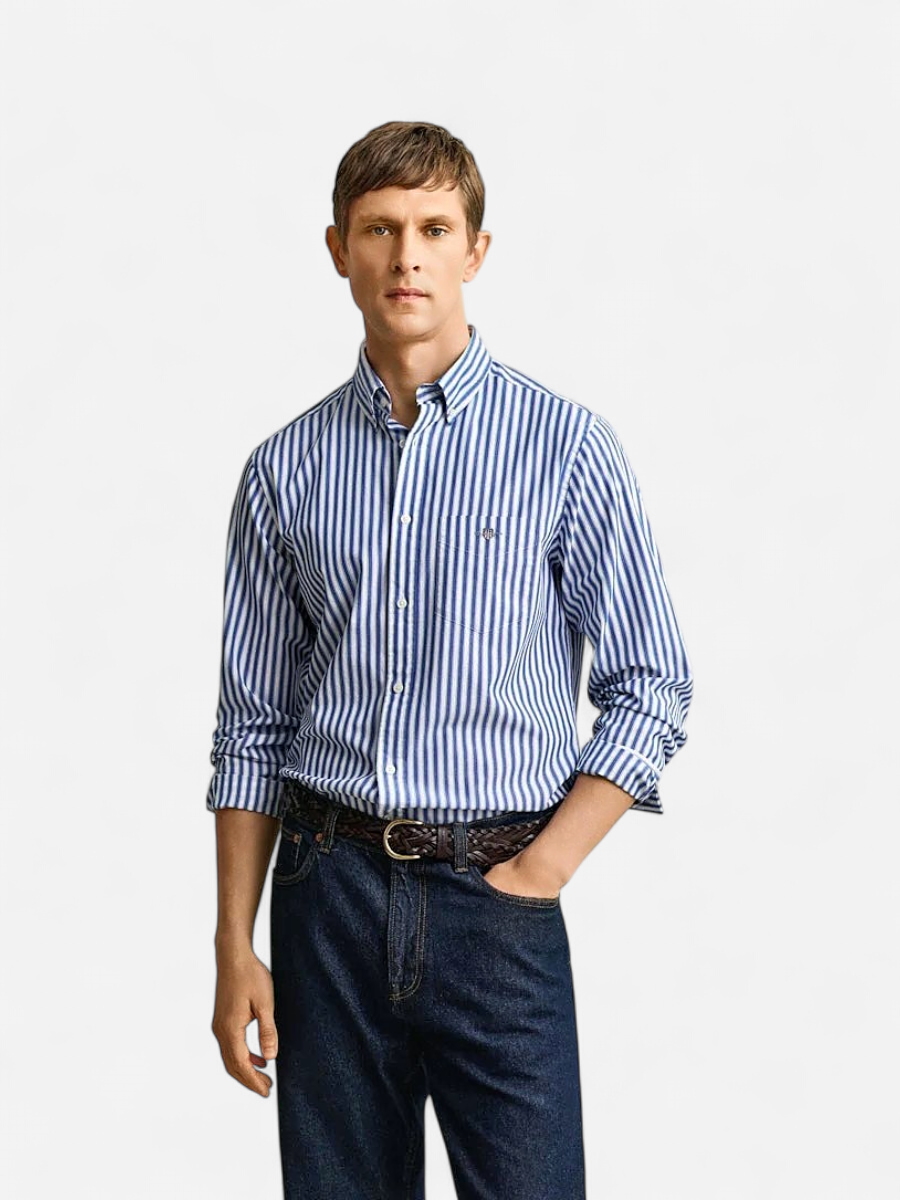 Gant miesten kauluspaita Regular Fit Classic Striped Poplin Shirt, raidallinen sininen - Kekäle.fi