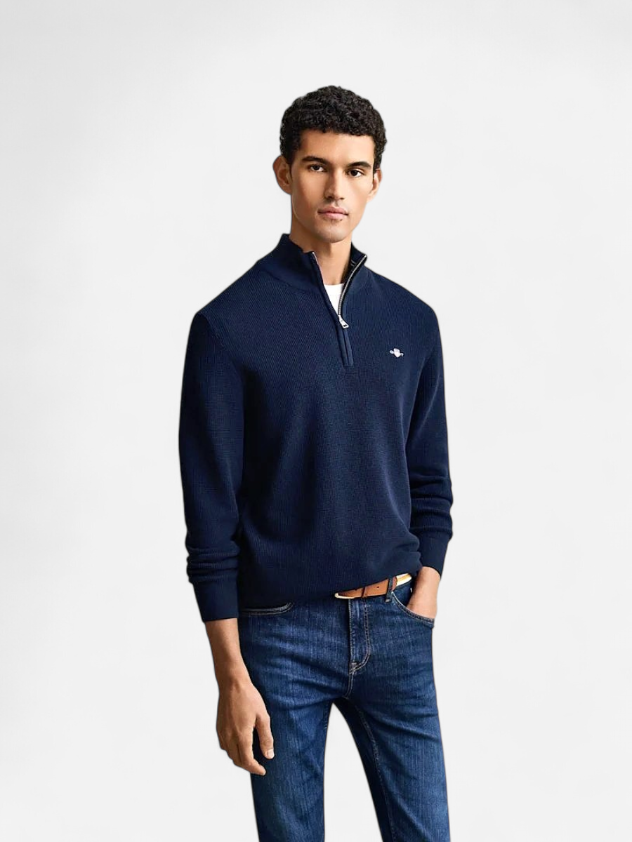 Gant miesten neulepusero Micro Textured Half Zip, tummansininen - Kekäle.fi