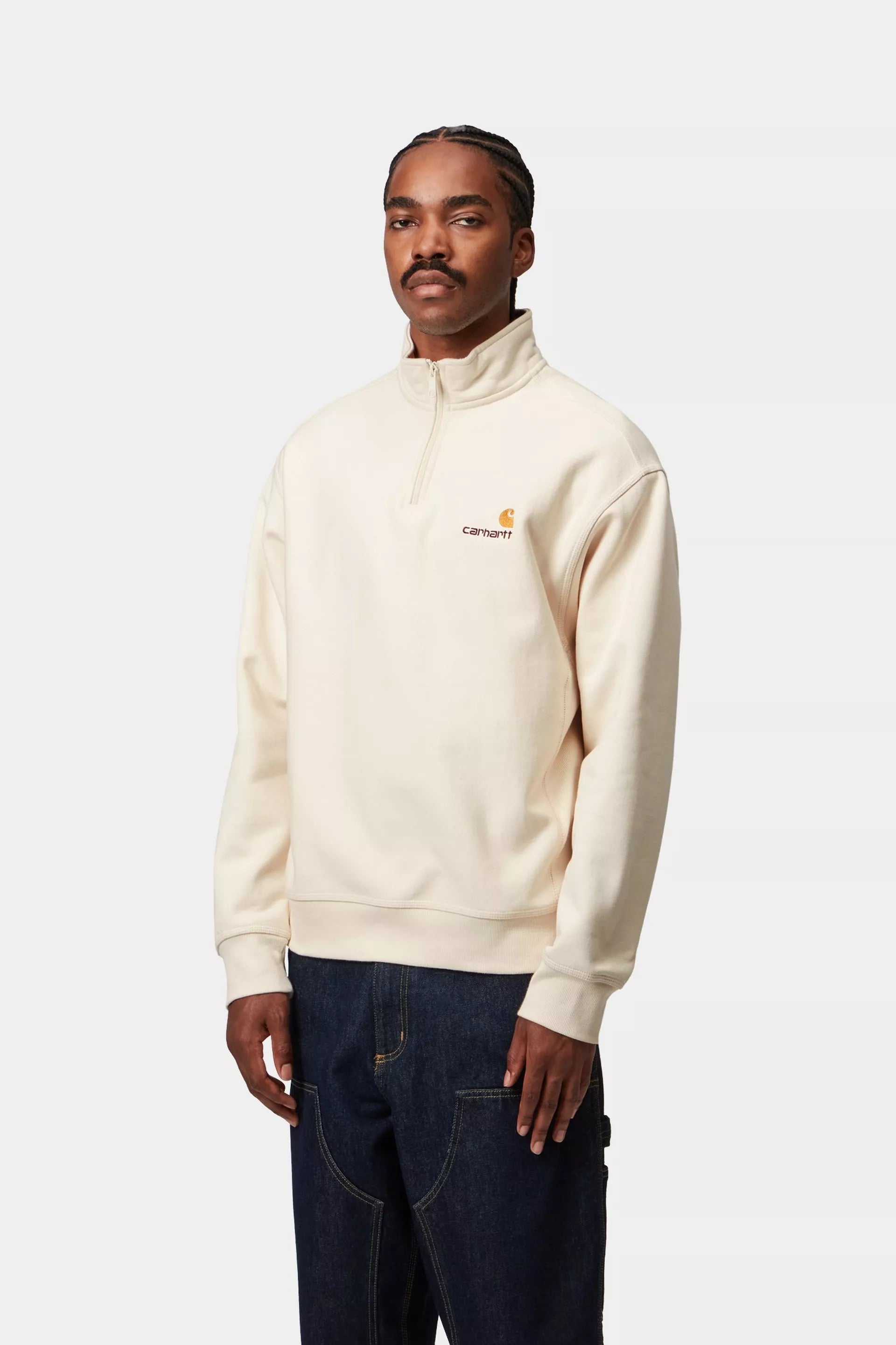 Carhartt miesten collegepaita Half Zip American Script Sweatshirt, luonnonvalkoinen